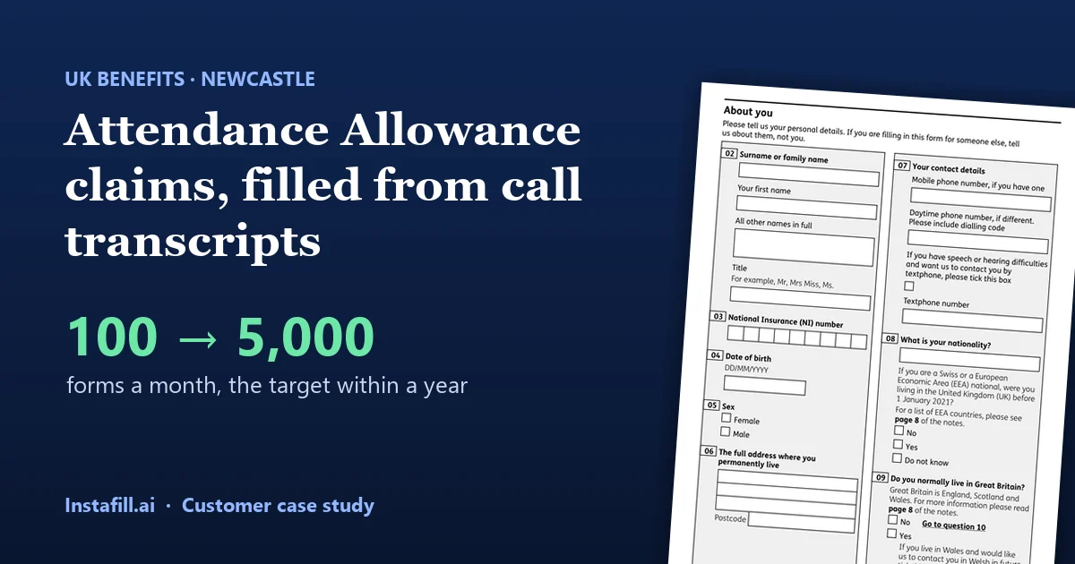 The Attendance Allowance claim form (AA1A), filled from client call transcripts: 100 to 5,000 forms a month