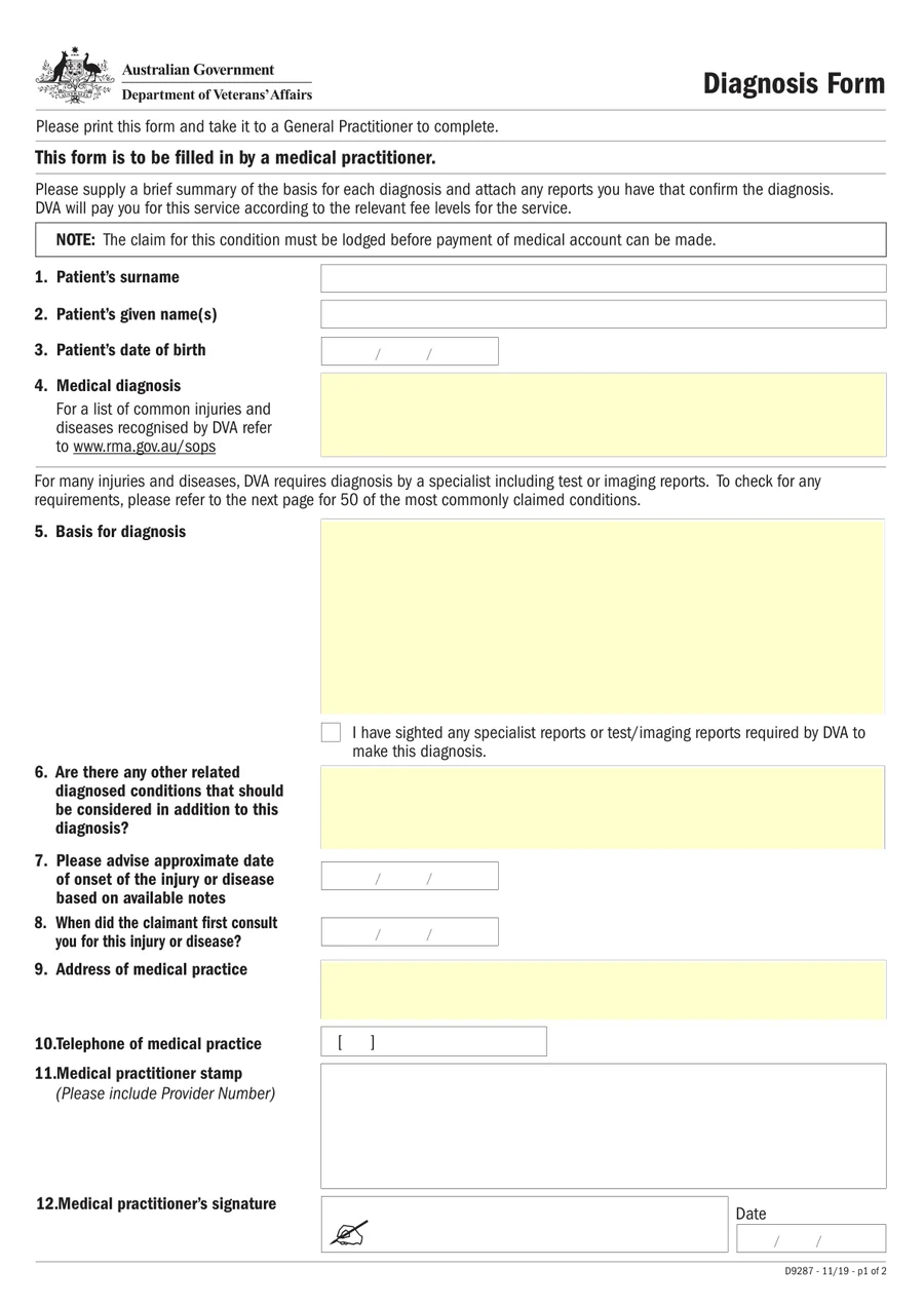 Page 1 of the DVA D9287 Diagnosis Form, version 11/19, with fields 1 to 12