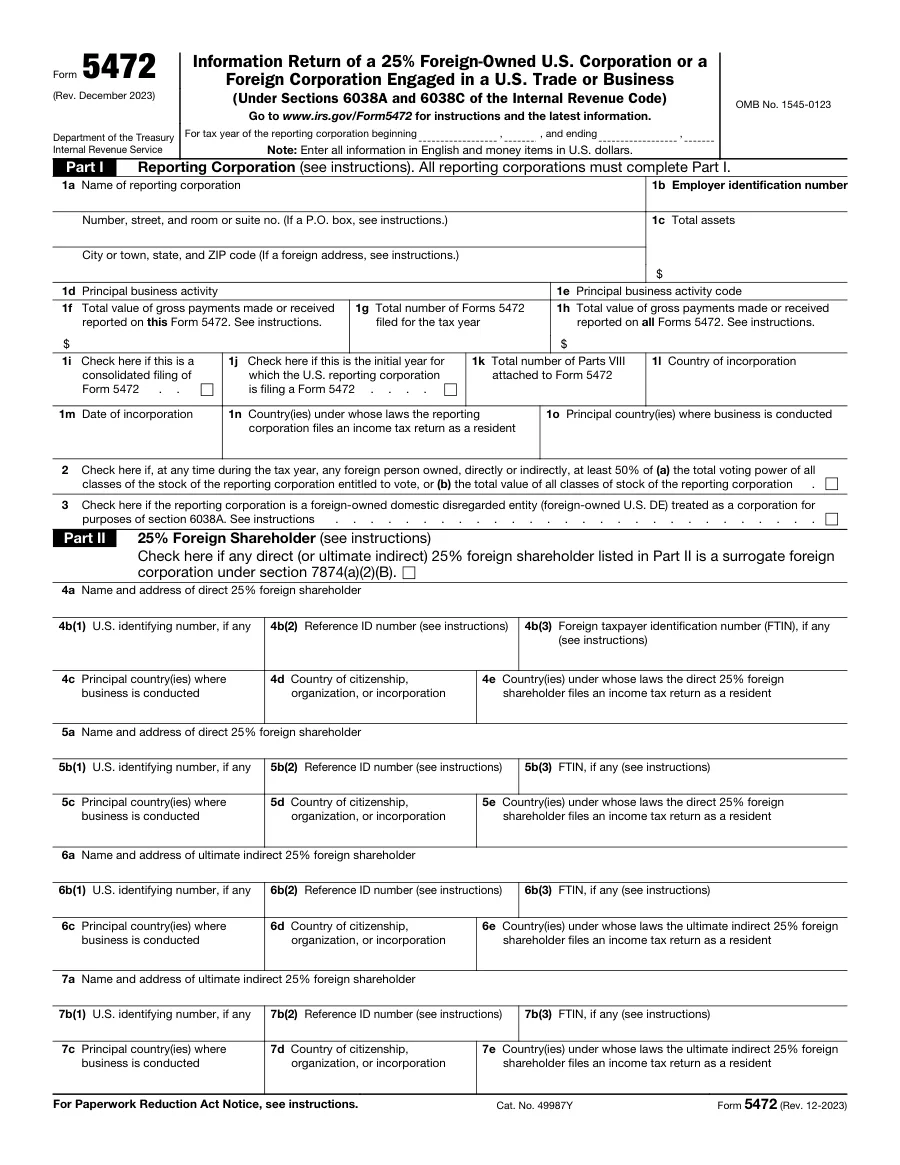 Page 1 of IRS Form 5472, Rev. December 2023, with Part I, Reporting Corporation, and Part II, 25% Foreign Shareholder, lines 4 to 7