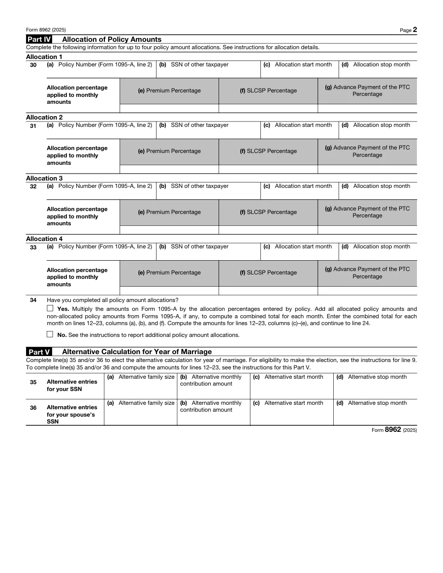 Page 2 of Form 8962 (2025), with Part IV, Allocation of Policy Amounts, lines 30 to 34, and Part V