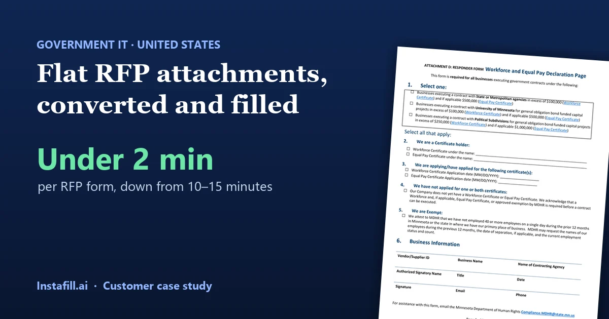 Flat government RFP attachments, converted and filled: under 2 minutes per form, down from 10–15