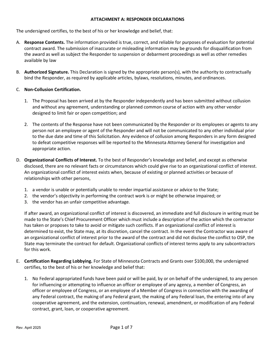 Page 1 of the Minnesota RFP Attachments A–E, Rev. April 2025: Attachment A, Responder Declarations