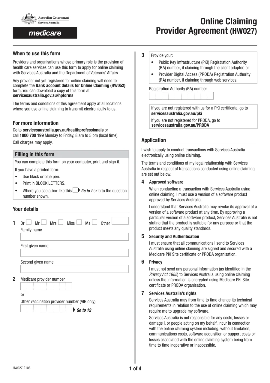 Page 1 of the HW027 Online Claiming Provider Agreement, version HW027.2106, with questions 1 to 7
