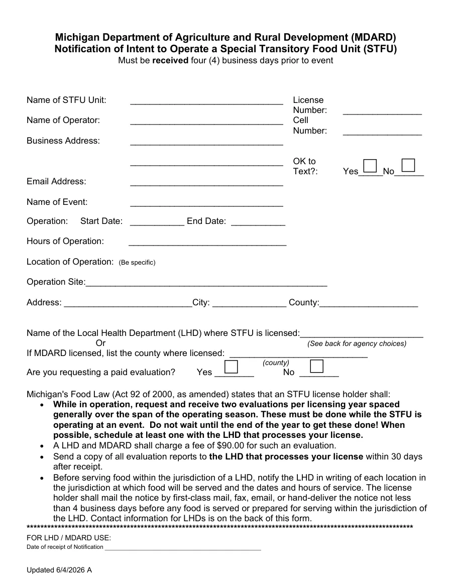 Page 1 of Michigan's MDARD Notification of Intent to Operate a Special Transitory Food Unit (STFU), blank