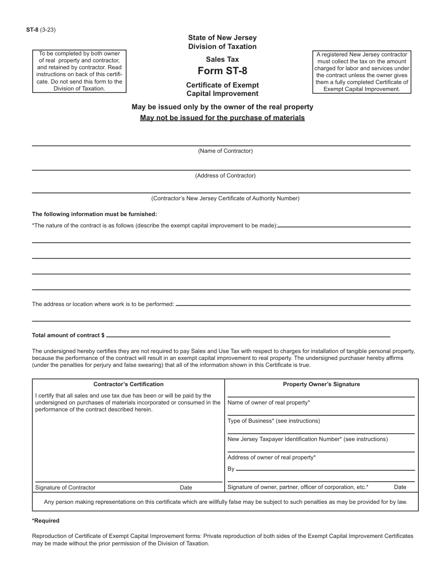 Page 1 of New Jersey Form ST-8, Certificate of Exempt Capital Improvement, version ST-8 (3-23)