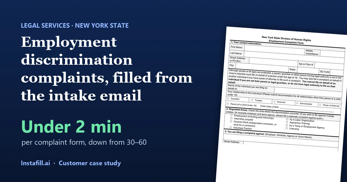 New York State Division of Human Rights Employment Complaint Form, filled from a client's intake email: under 2 minutes instead of 30–60