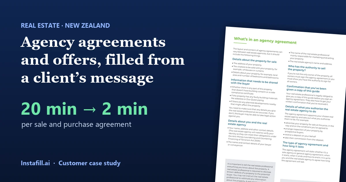 Agency agreements and sale and purchase offers, filled from a client's message: about 20 minutes down to under 2 per agreement