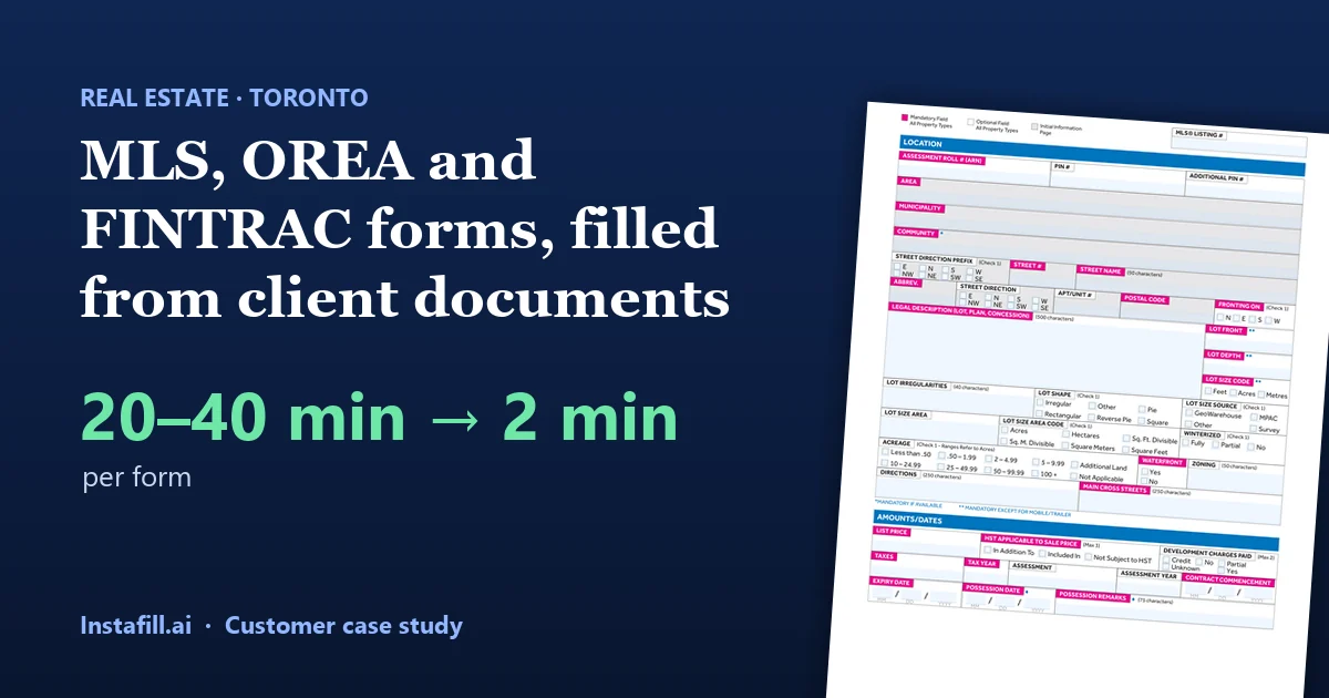 MLS Data Information Form 290, filled from client documents: 20–40 minutes down to under 2 per form
