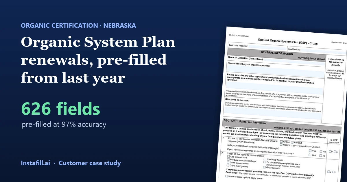 OneCert Organic System Plan (OSP) – Crops, pre-filled from the previous year's submission: 626 fields at 97% accuracy