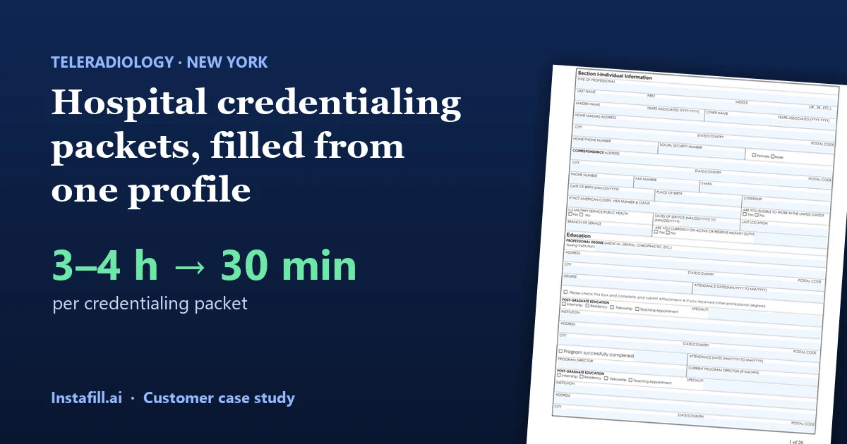 Hospital credentialing packets, filled from one profile: 3–4 hours down to 30 minutes per packet
