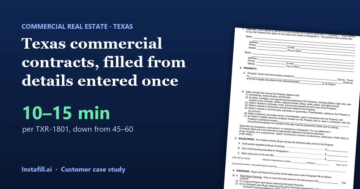Texas commercial real estate contracts, filled from data entered once: 10–15 minutes per contract