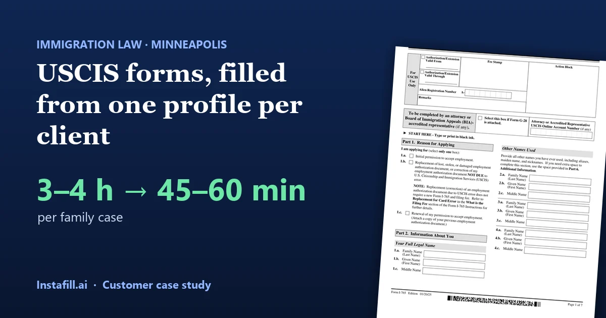 USCIS Form I-765, filled from a client profile: a family case in 45–60 minutes instead of 3–4 hours