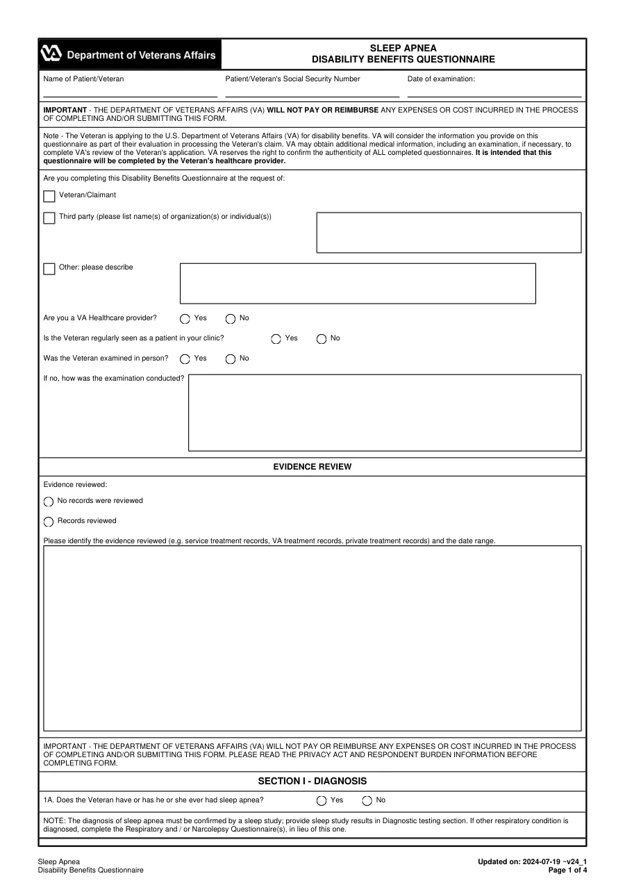 Page 1 of the VA Sleep Apnea Disability Benefits Questionnaire, updated 2024-07-19, with the patient details, evidence review and Section I, Diagnosis