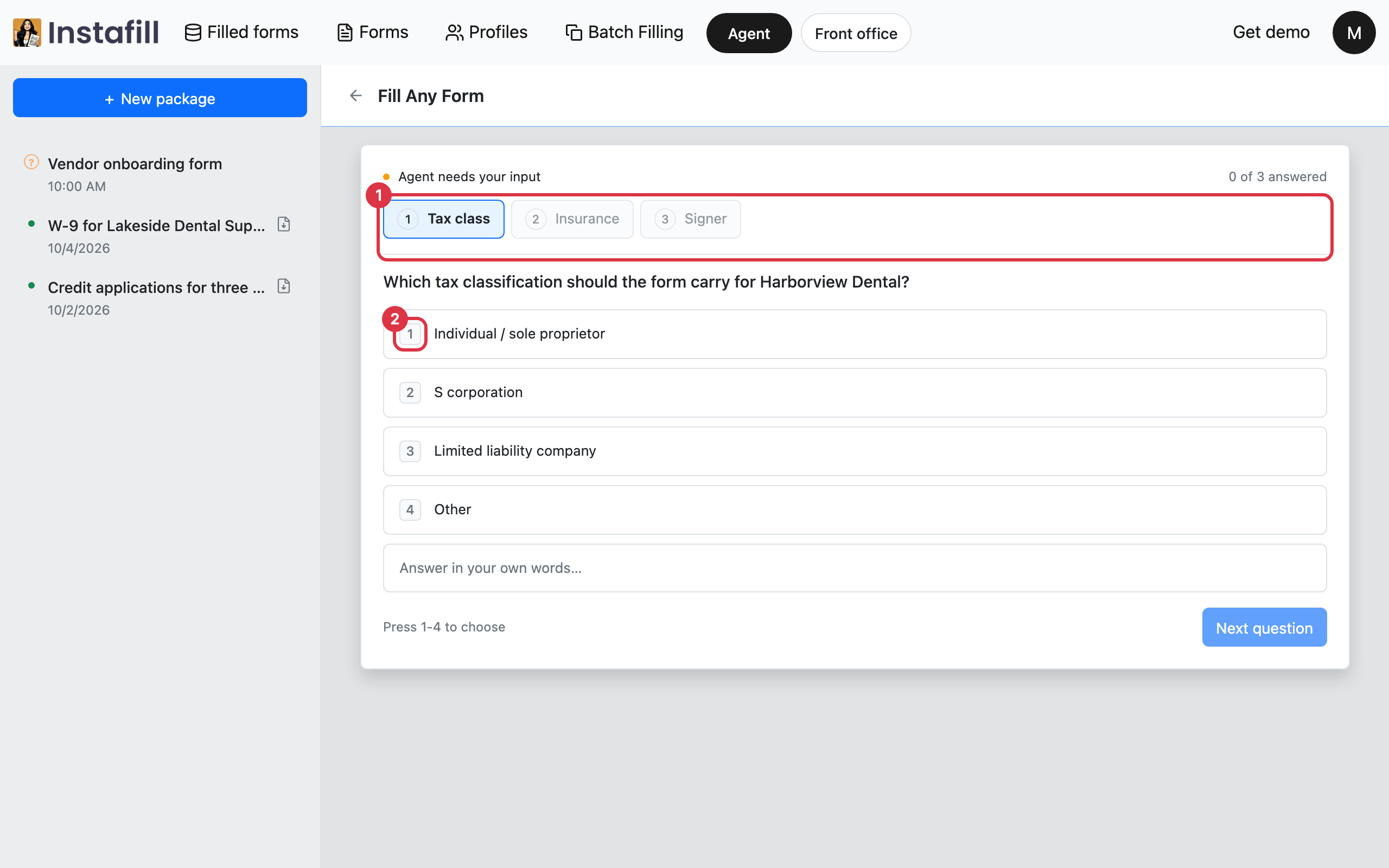 The question panel with three tabs, the first question showing four suggested answers and a row to answer in your own words