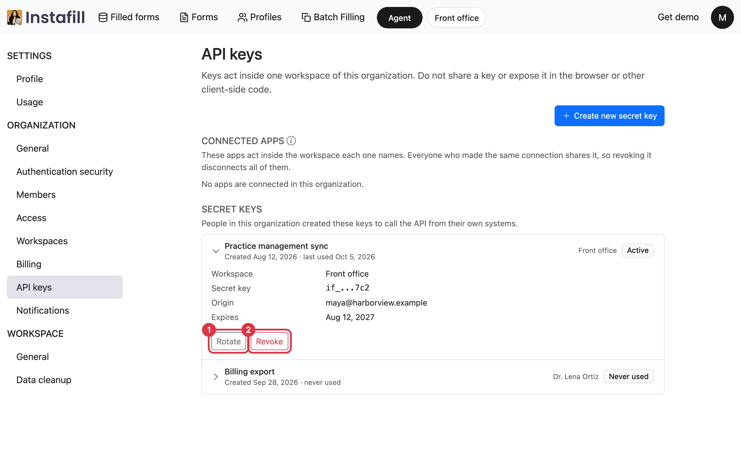 A secret key opened in the list, showing its workspace, origin and expiry date, with the Rotate and Revoke buttons