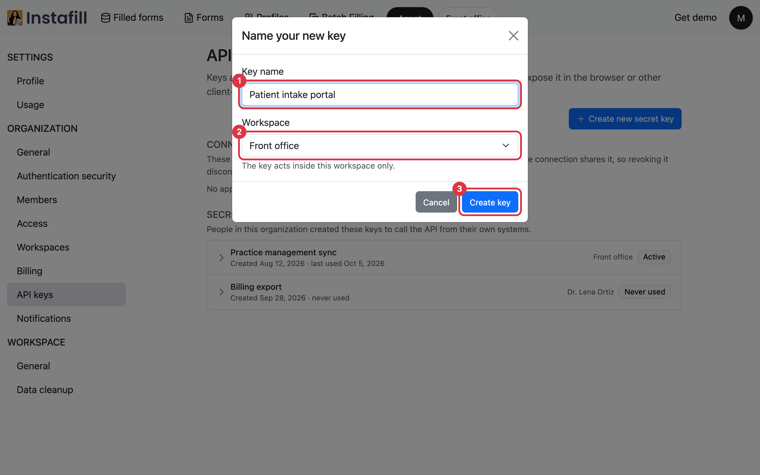 The Name your new key window with a key name typed in, the Front office workspace chosen, and the Create key button
