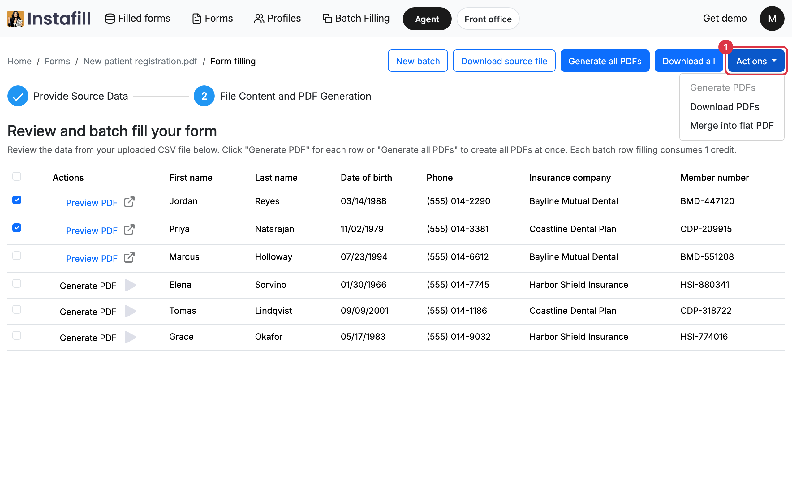 The Actions menu open over the rows, offering Generate PDFs, Download PDFs and Merge into flat PDF