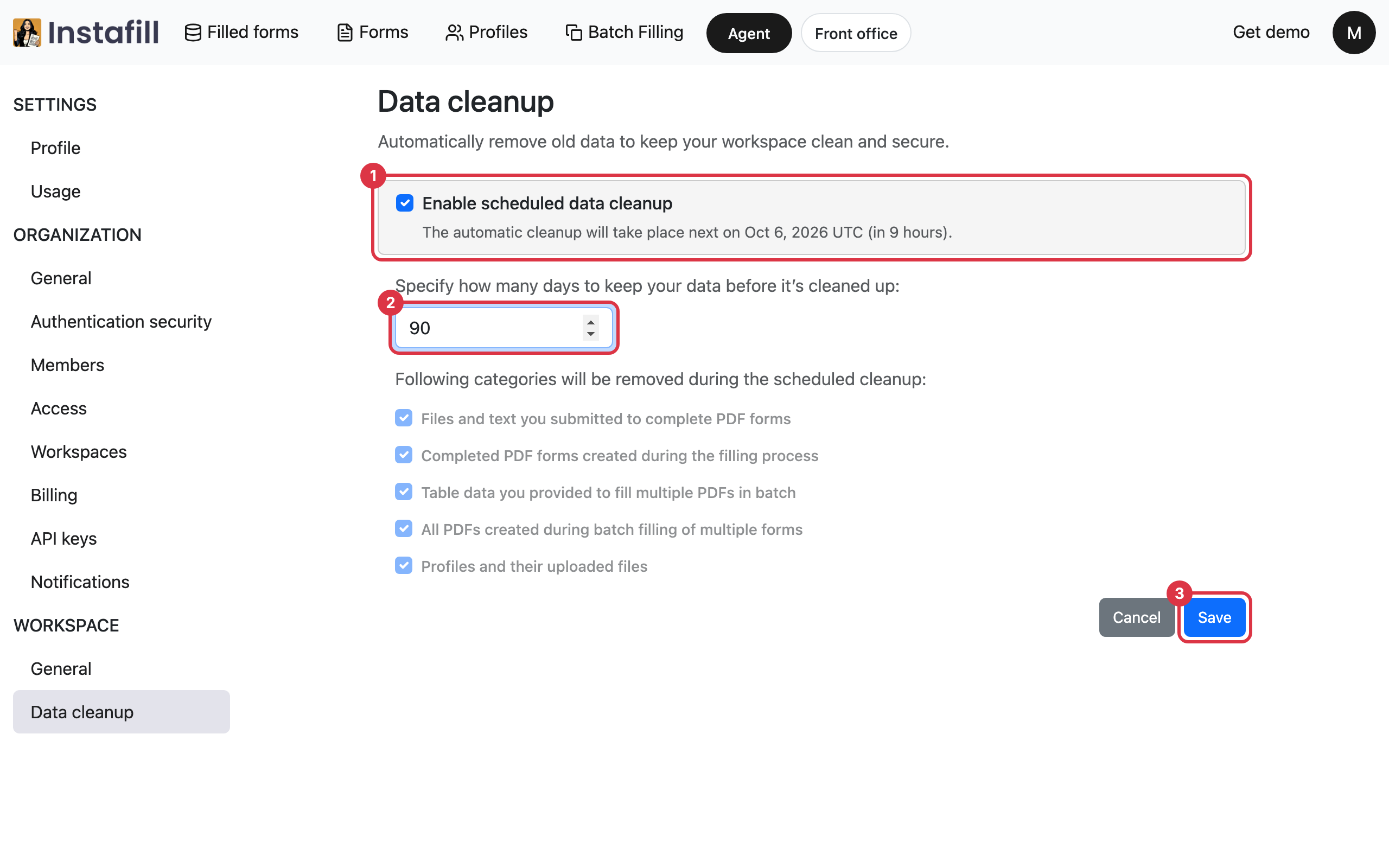 The Data cleanup settings with scheduled cleanup ticked, the number of days typed in, and the Save button
