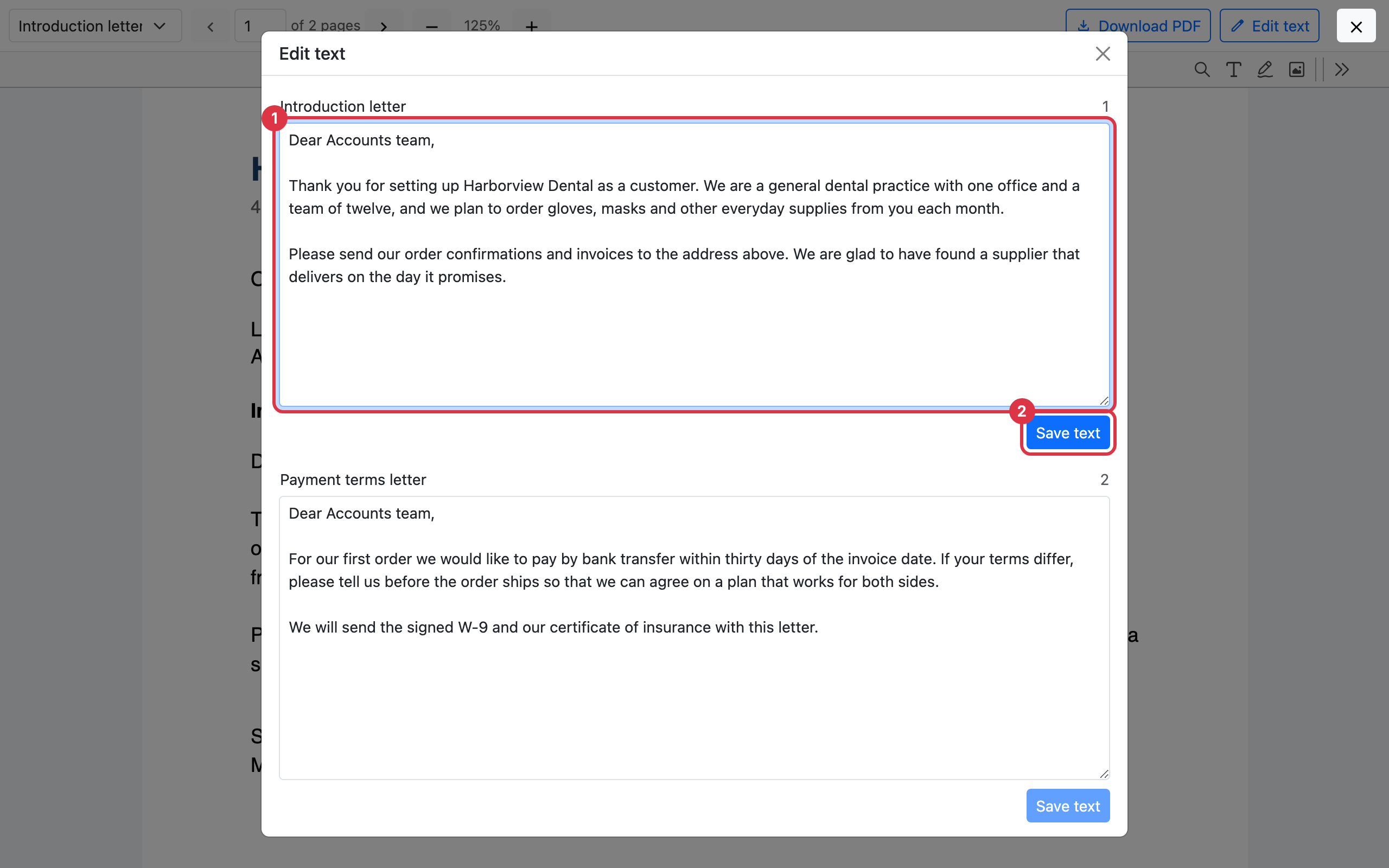 The Edit text window with the body of a letter in a box, one sentence being updated, and the Save text button below it