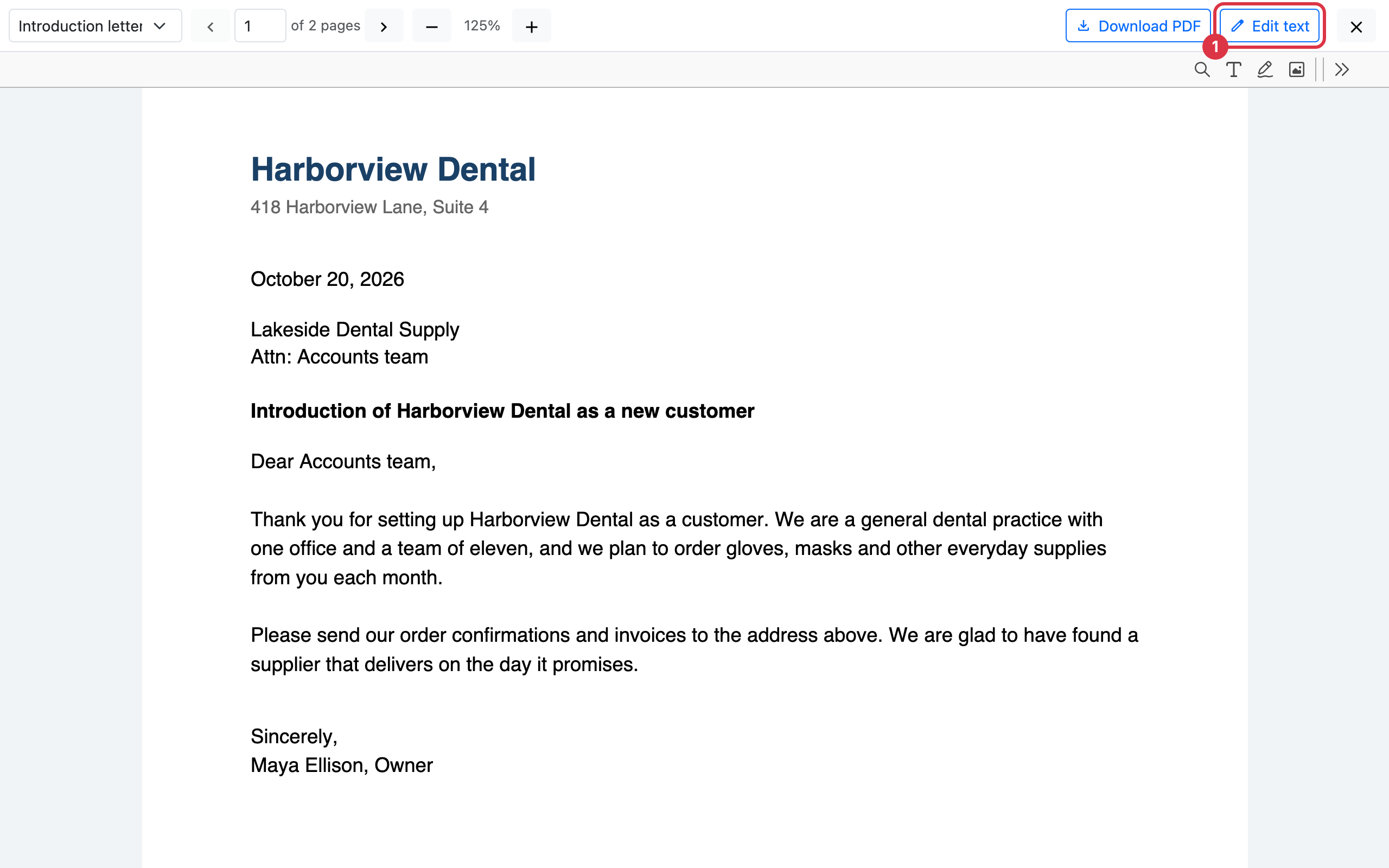 The finished document open in the viewer, with the toolbar above the pages and the Edit text button at the right of it