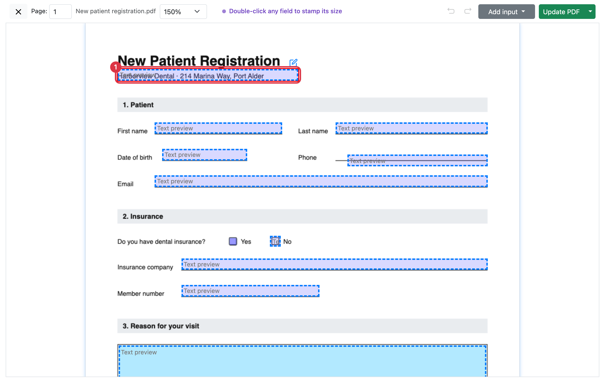 A selected field lying over the printed address line of the form, outlined in red and ready to delete