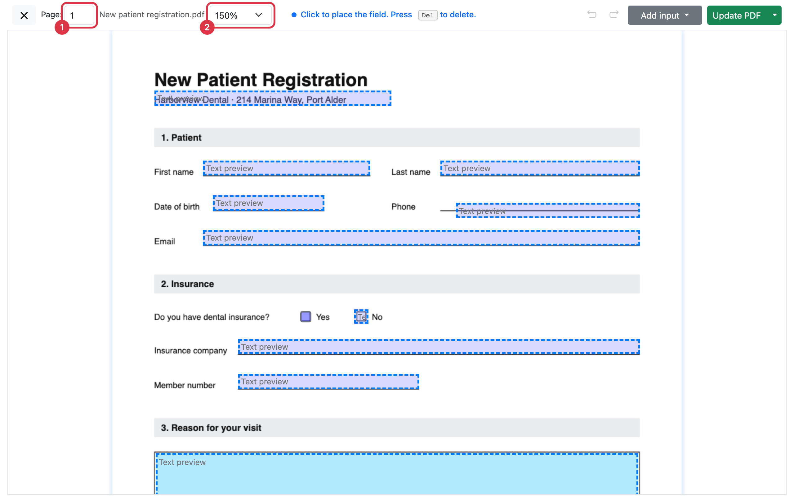 The field editor showing a patient registration form with a dashed outline around every fillable field