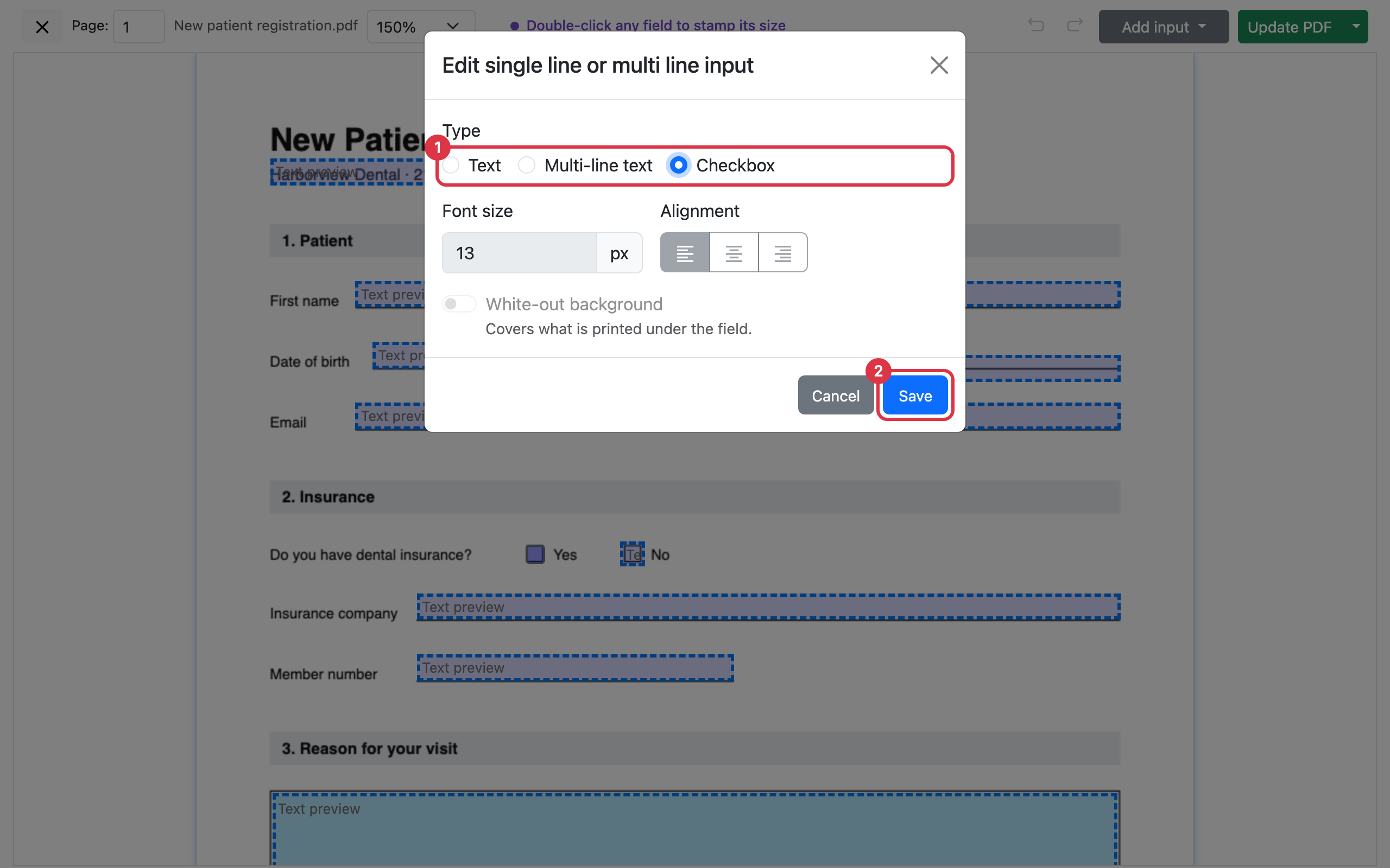 The field settings dialog with Checkbox picked among three type options, above font size, alignment and a white-out switch