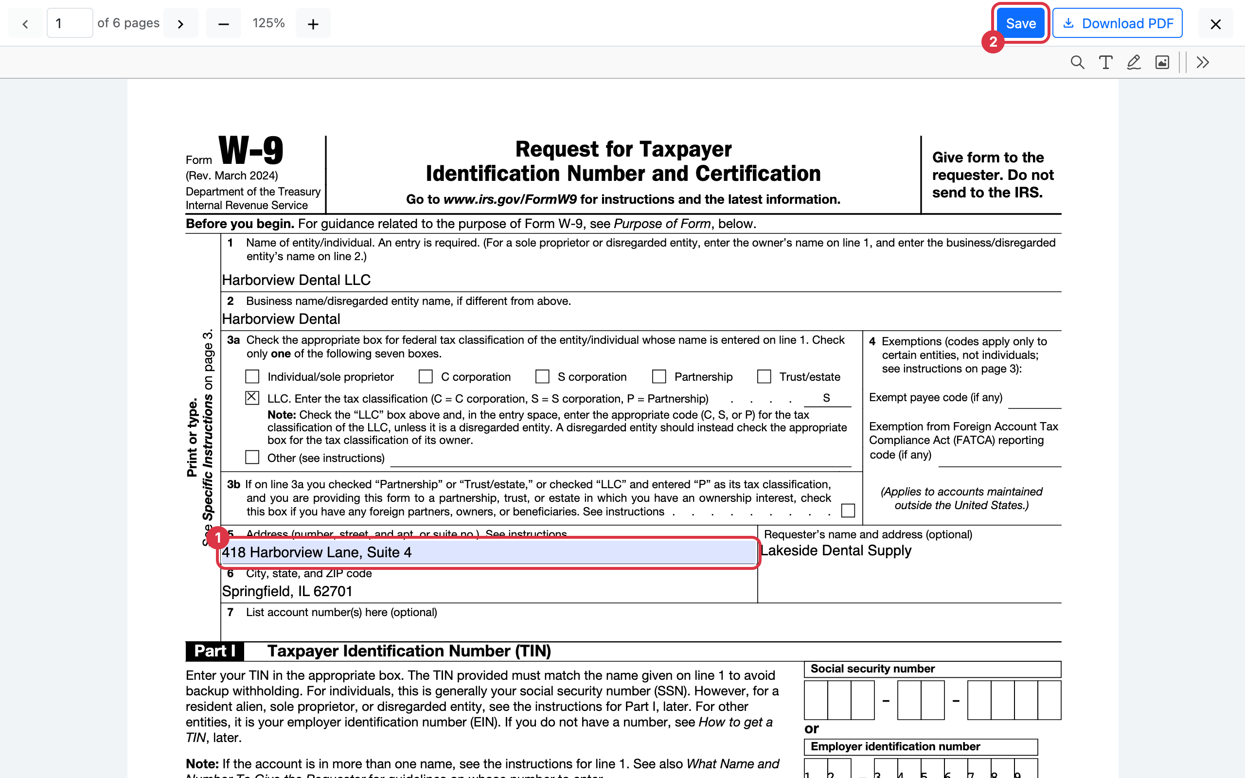 The address line of the filled W-9 being retyped in the viewer, with a Save button now showing beside Download PDF