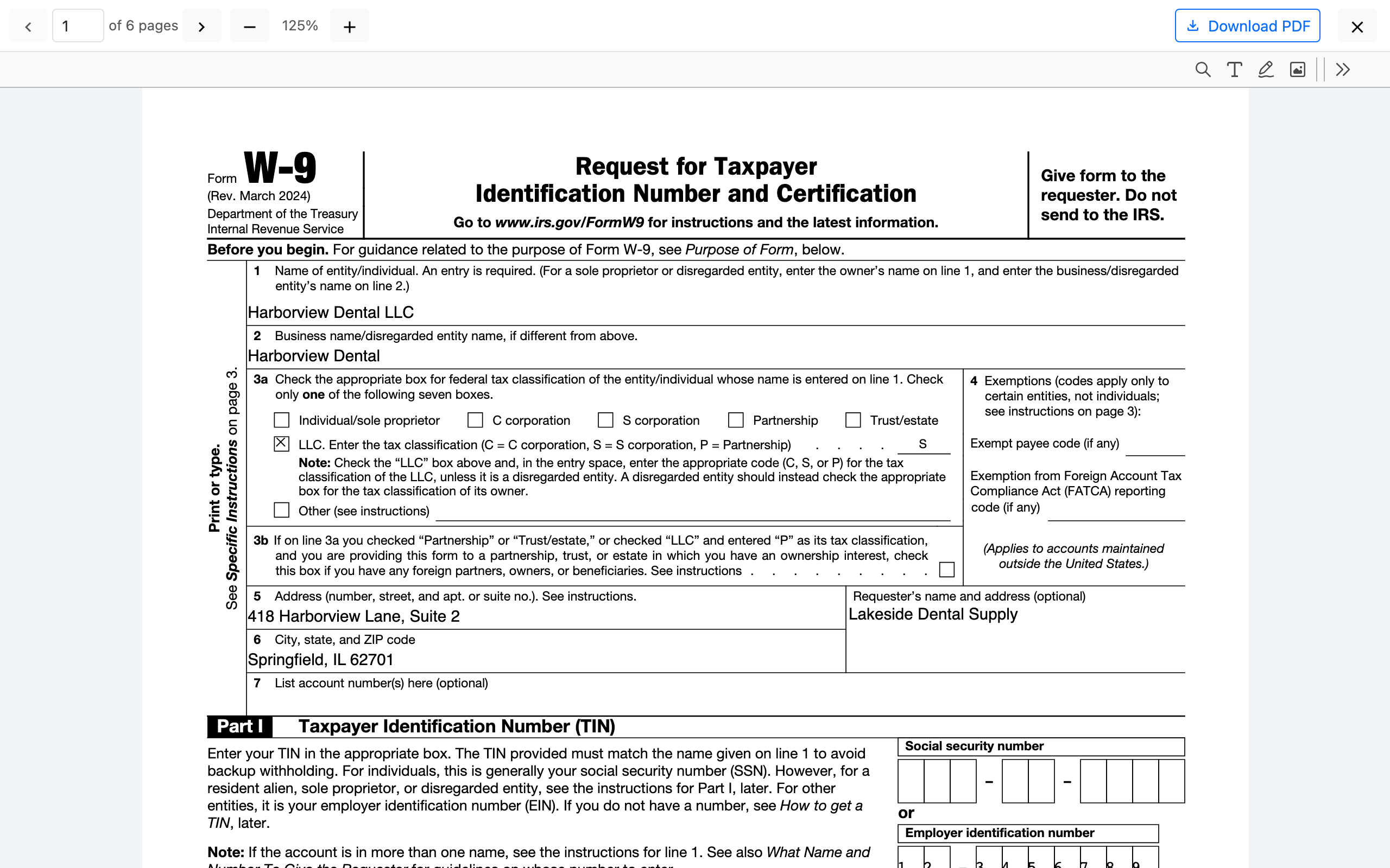The filled W-9 open in the viewer, with the practice name, tax classification, address and tax number typed into their boxes