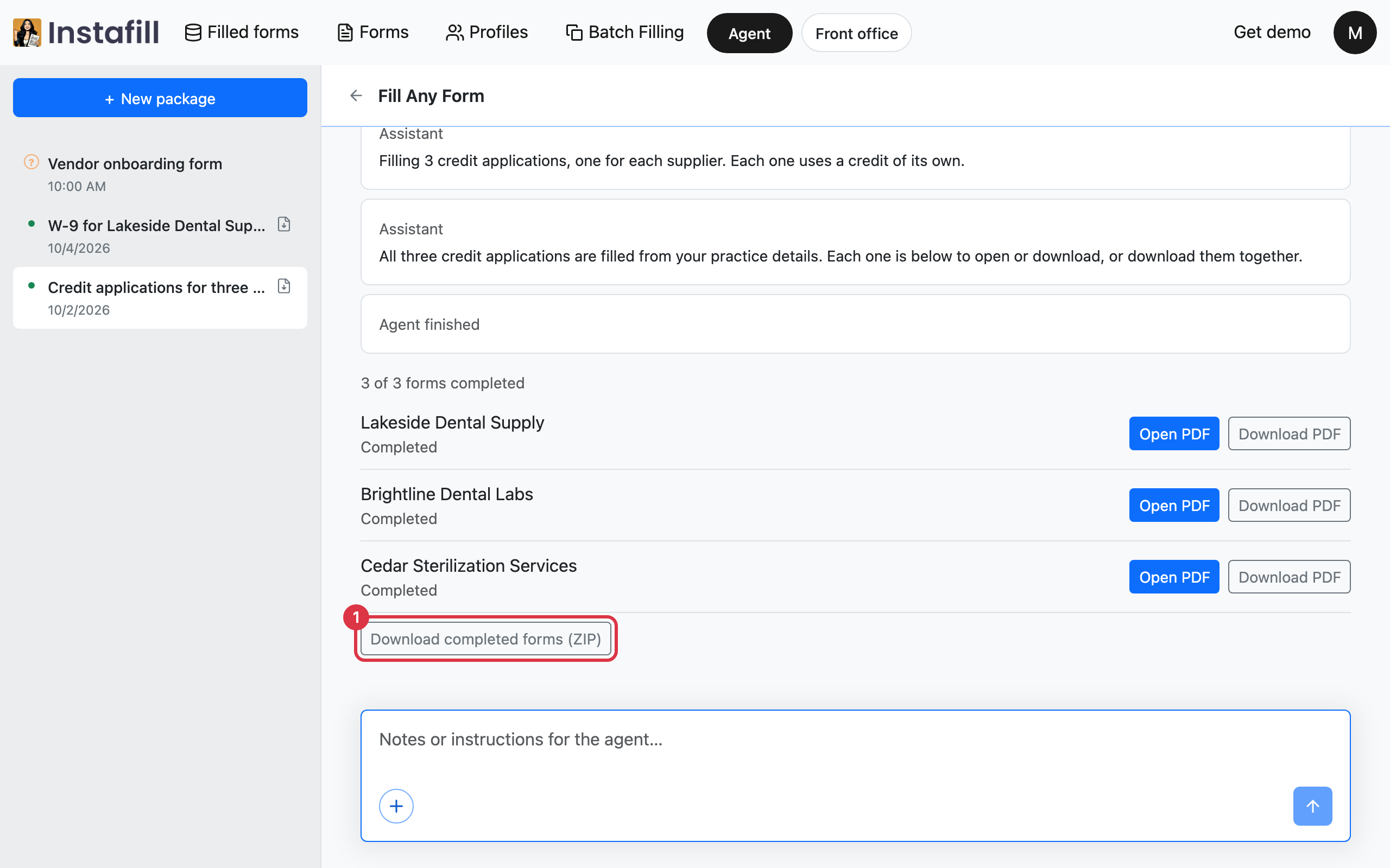 Three credit applications filled in one request, each with its own open and download buttons, and one button to download them all
