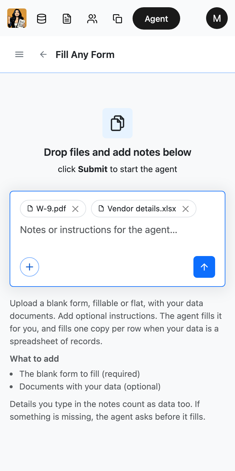 The same agent screen on a phone, with two files attached above the message box and the send button