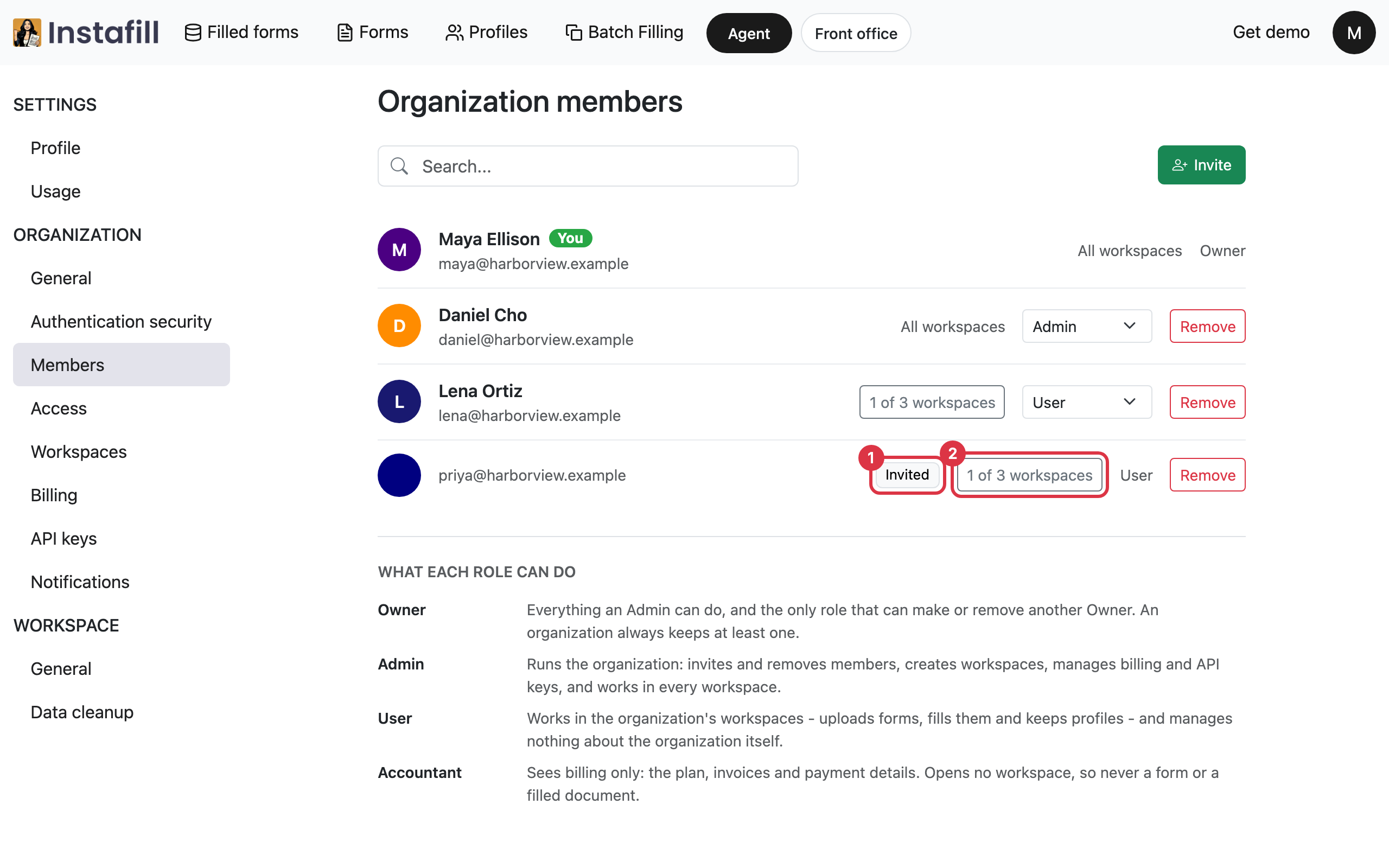 The list of organization members with the new member shown as invited to one workspace
