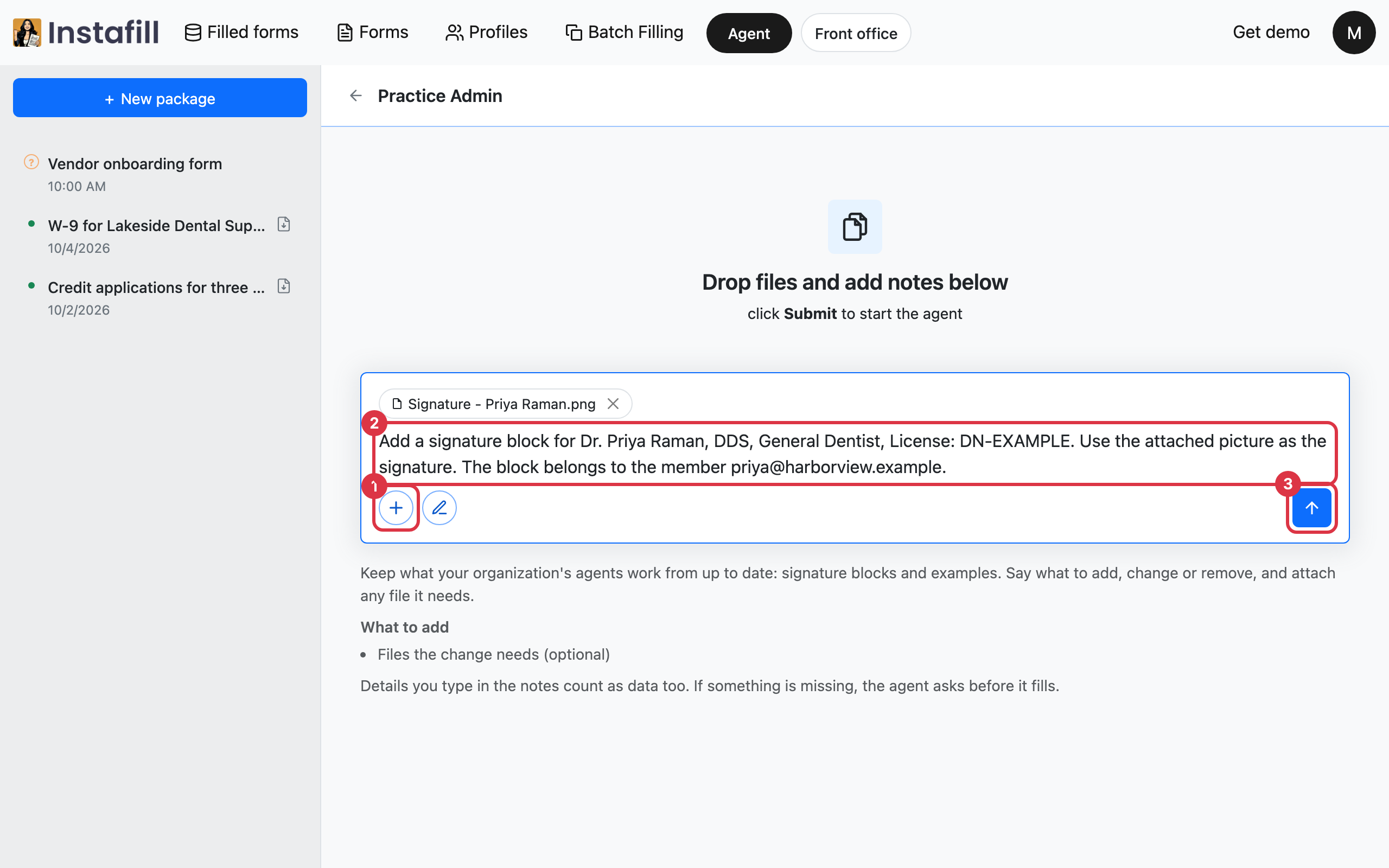 The admin agent with a picture of a signature attached and the request typed in