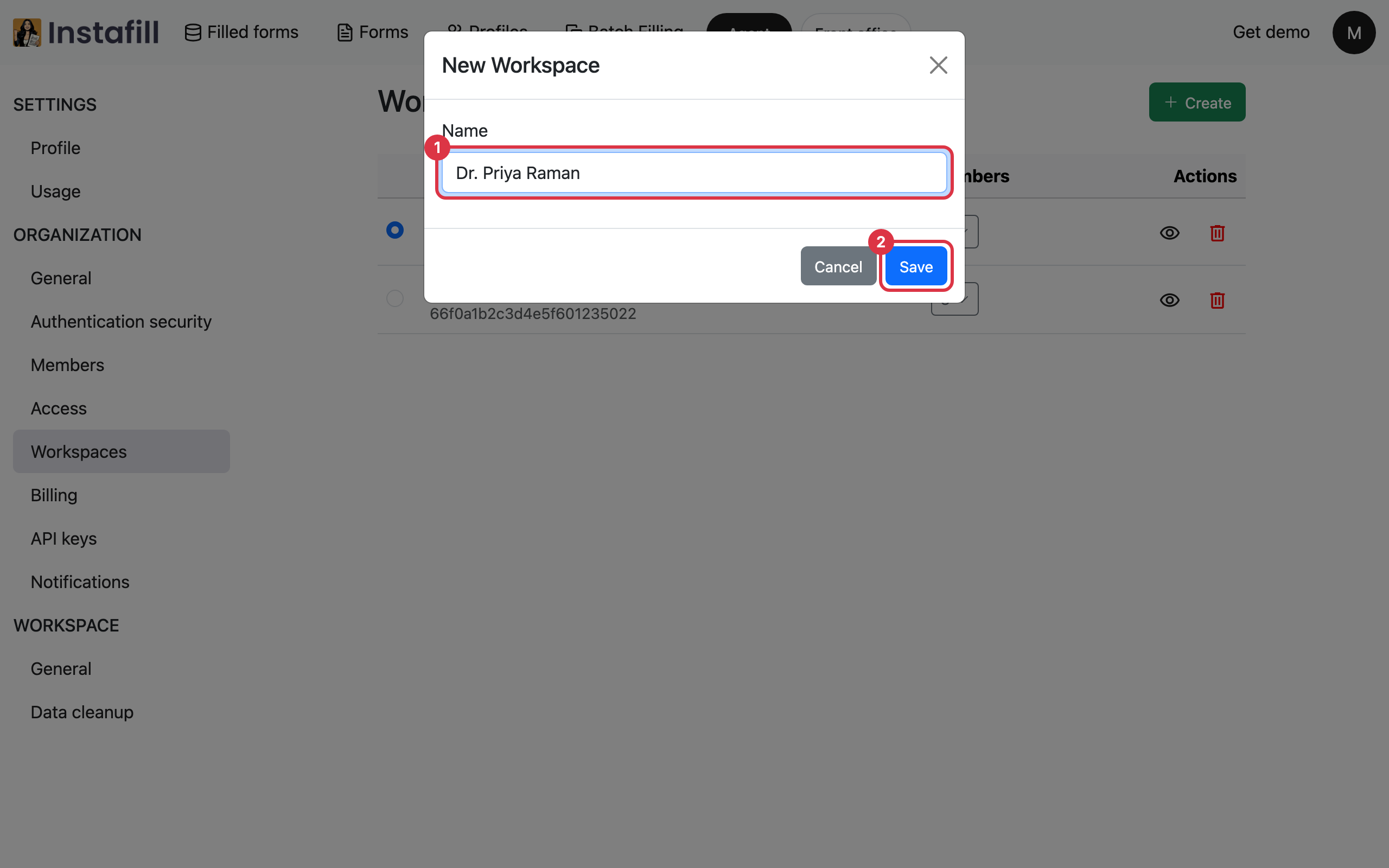 The New Workspace dialog in Settings with the name of the new member typed in