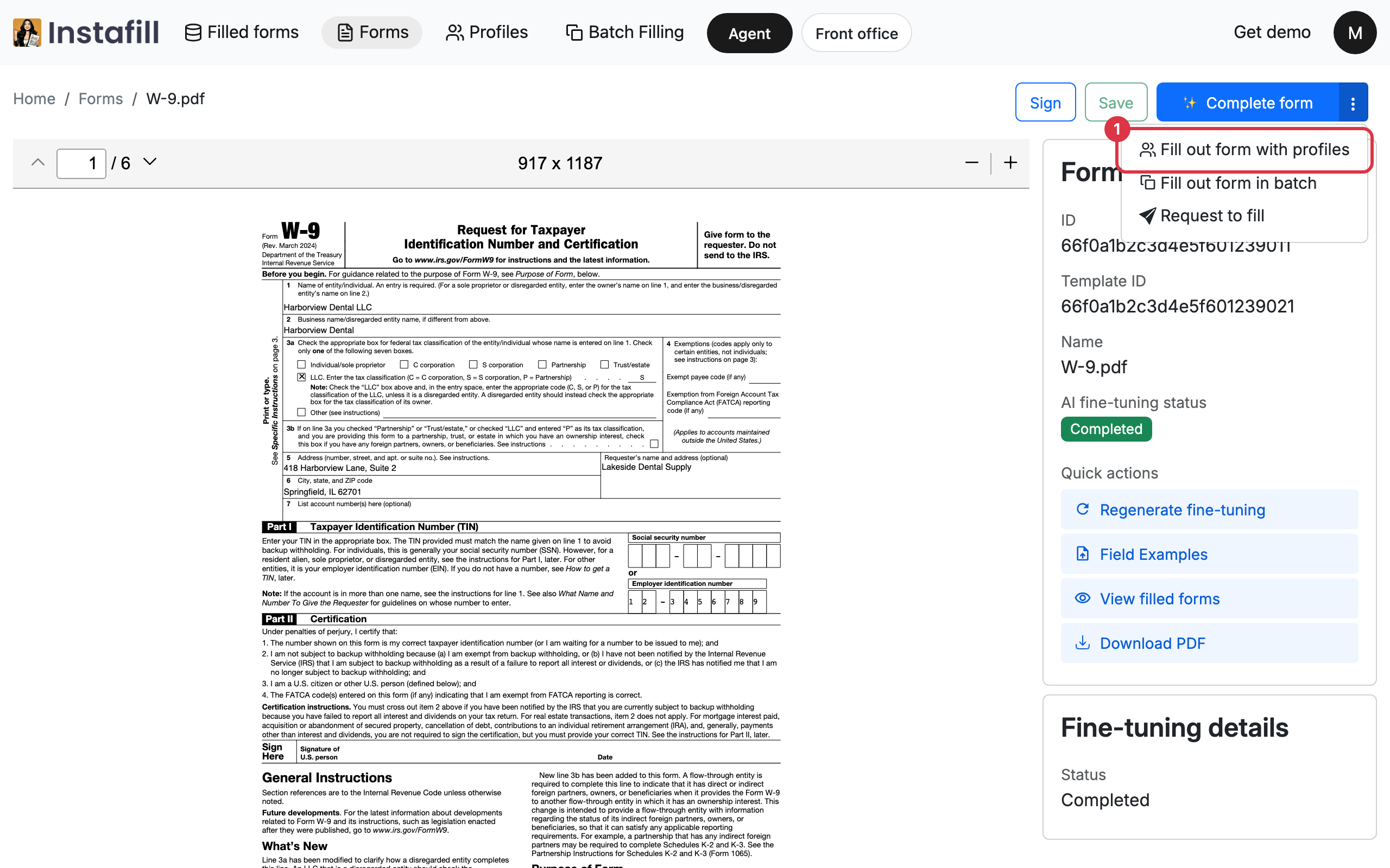 The form page of a W-9 with the menu beside Complete form open, showing Fill out form with profiles