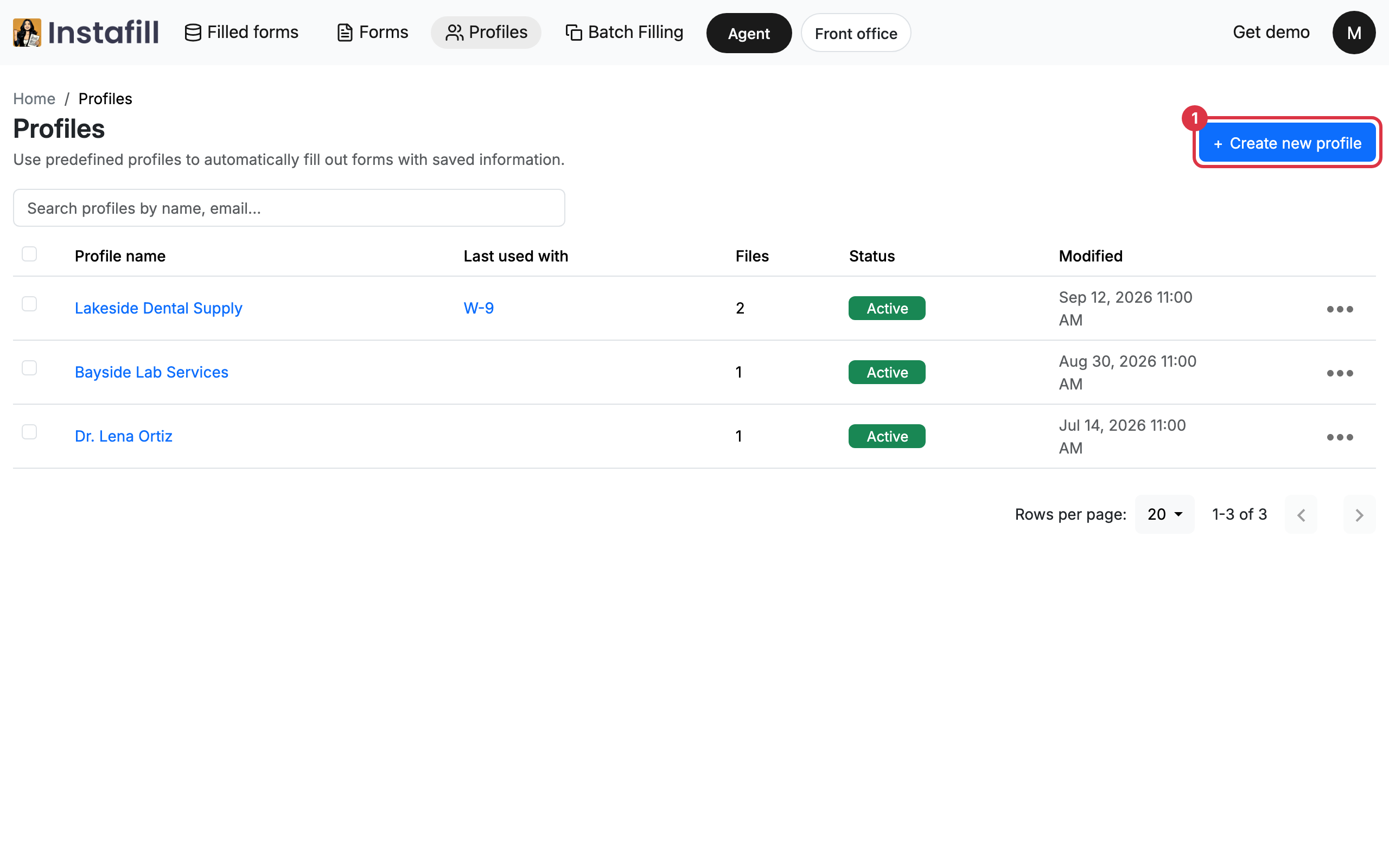 The Profiles list with three active profiles and the Create new profile button