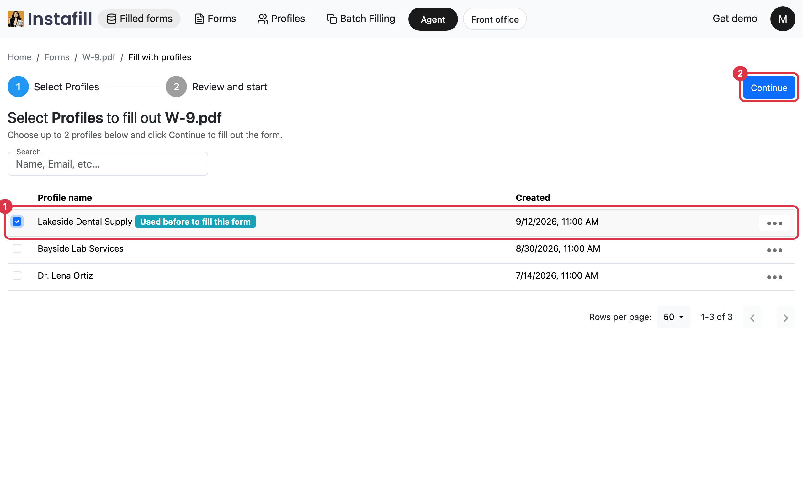 The Select Profiles step with the Lakeside Dental Supply profile ticked and the Continue button
