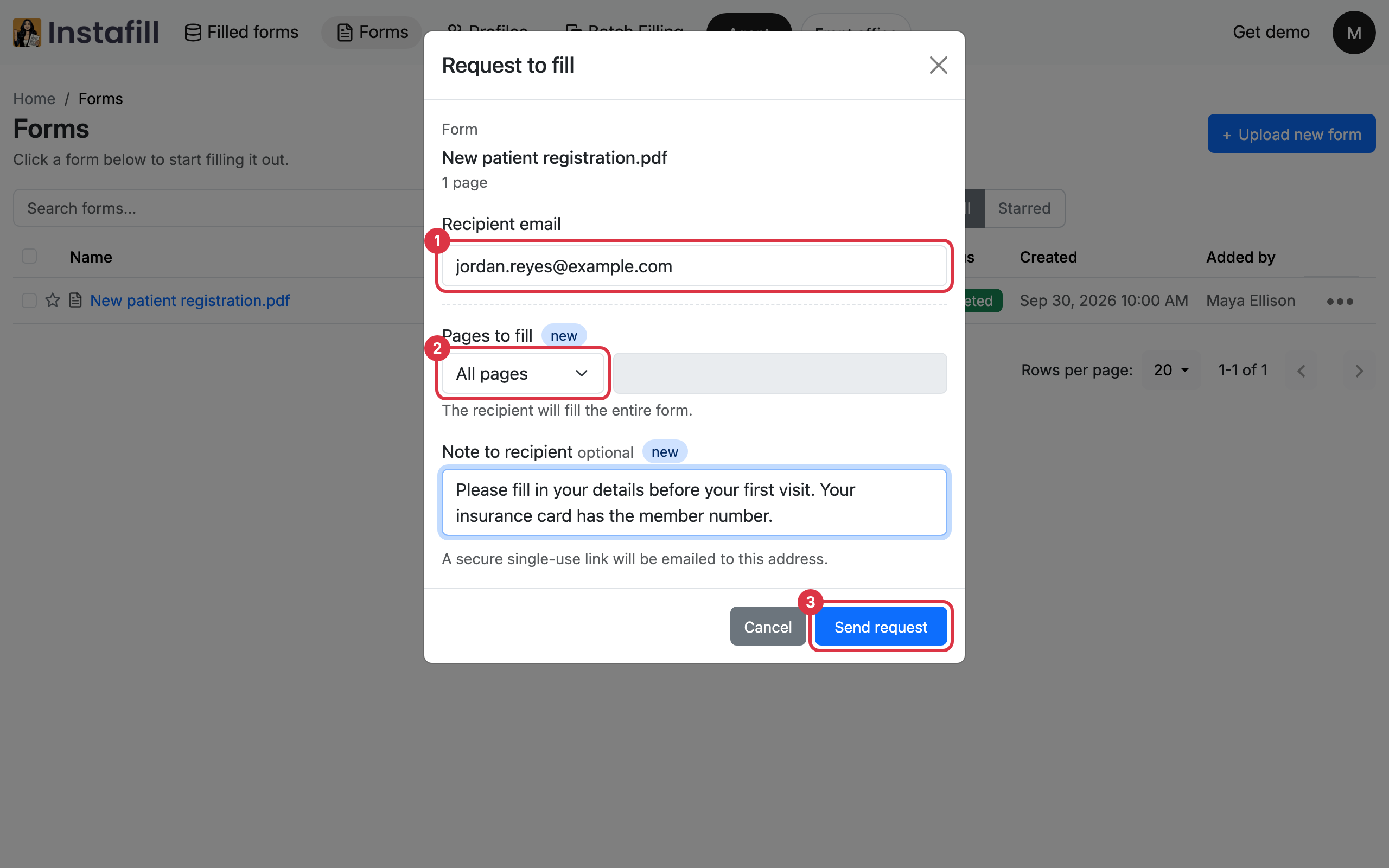 The Request to fill dialog with a recipient email, All pages picked and a short note typed in