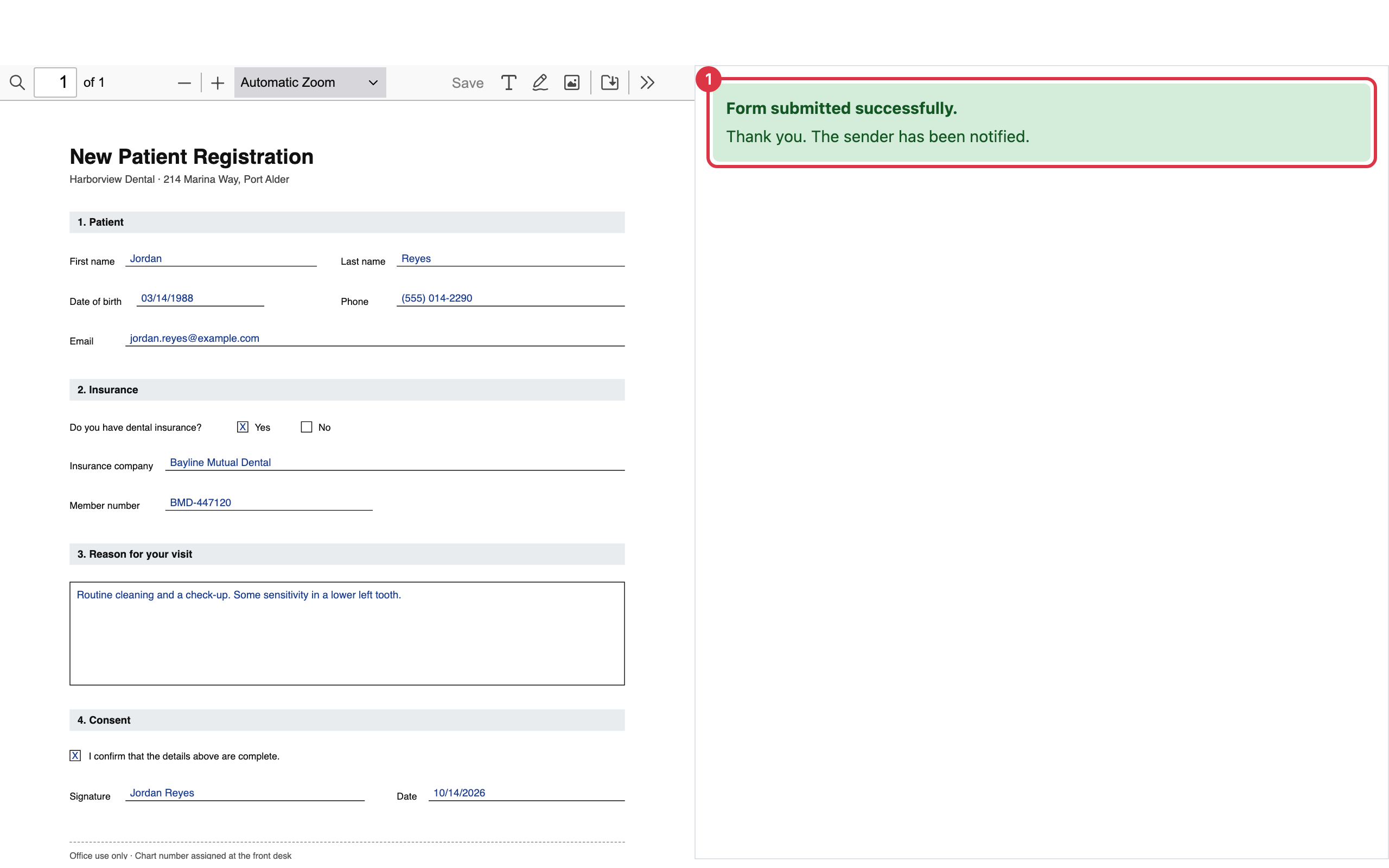 The recipient's screen showing Form submitted successfully and that the sender has been notified