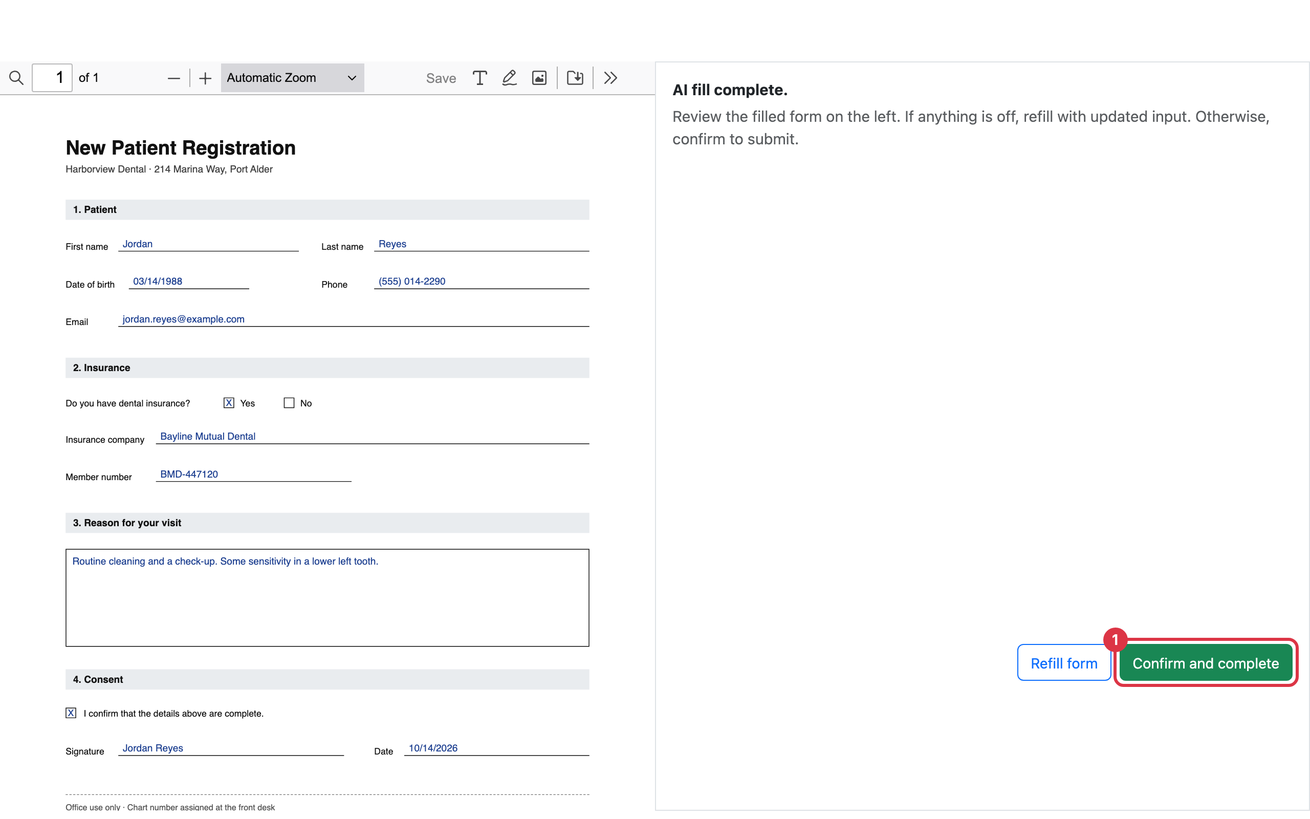 The recipient's screen after filling, with the filled form on the left and Refill form and Confirm and complete on the right
