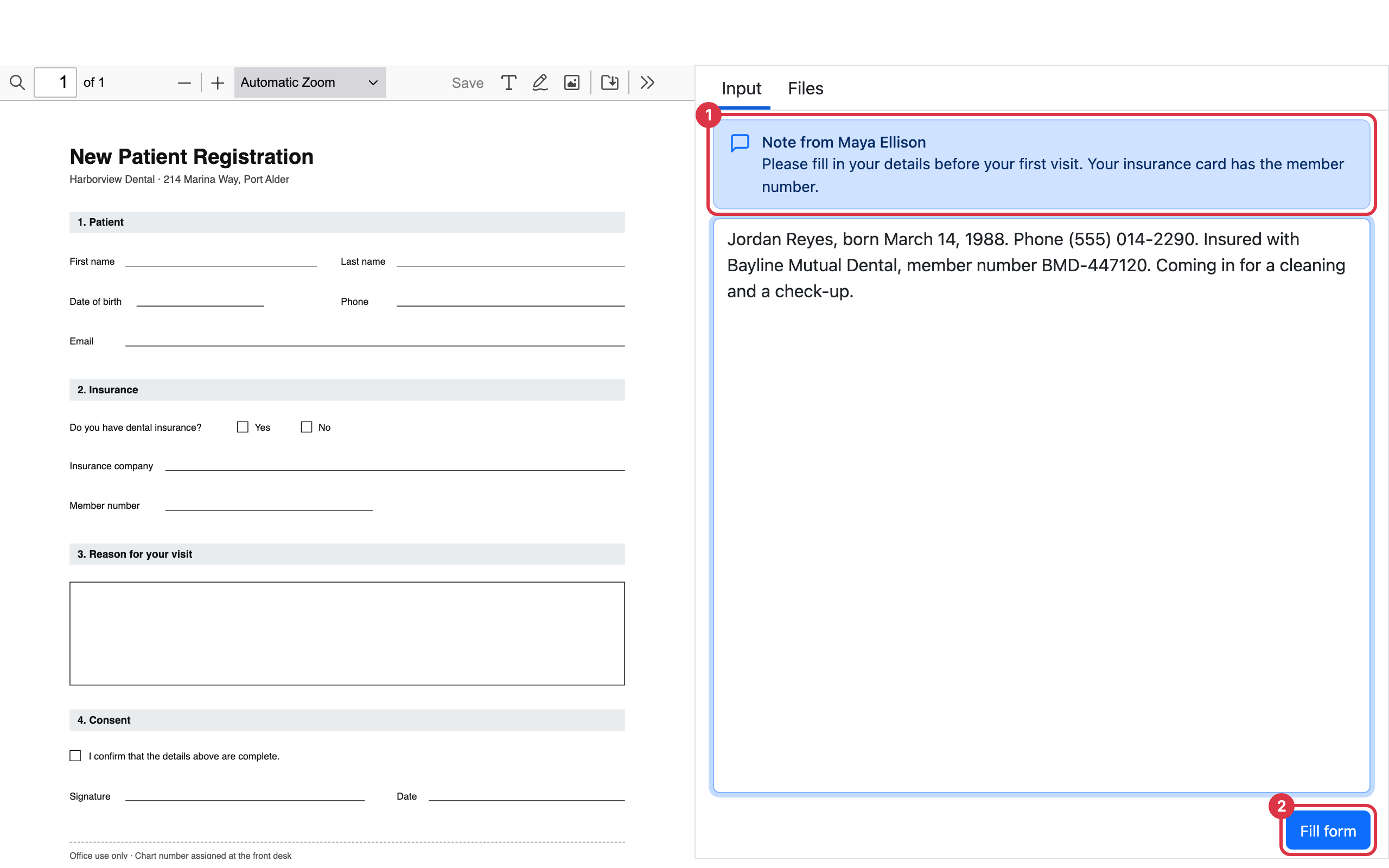 The recipient's screen with the blank form on the left and, on the right, the sender's note above a box for the details