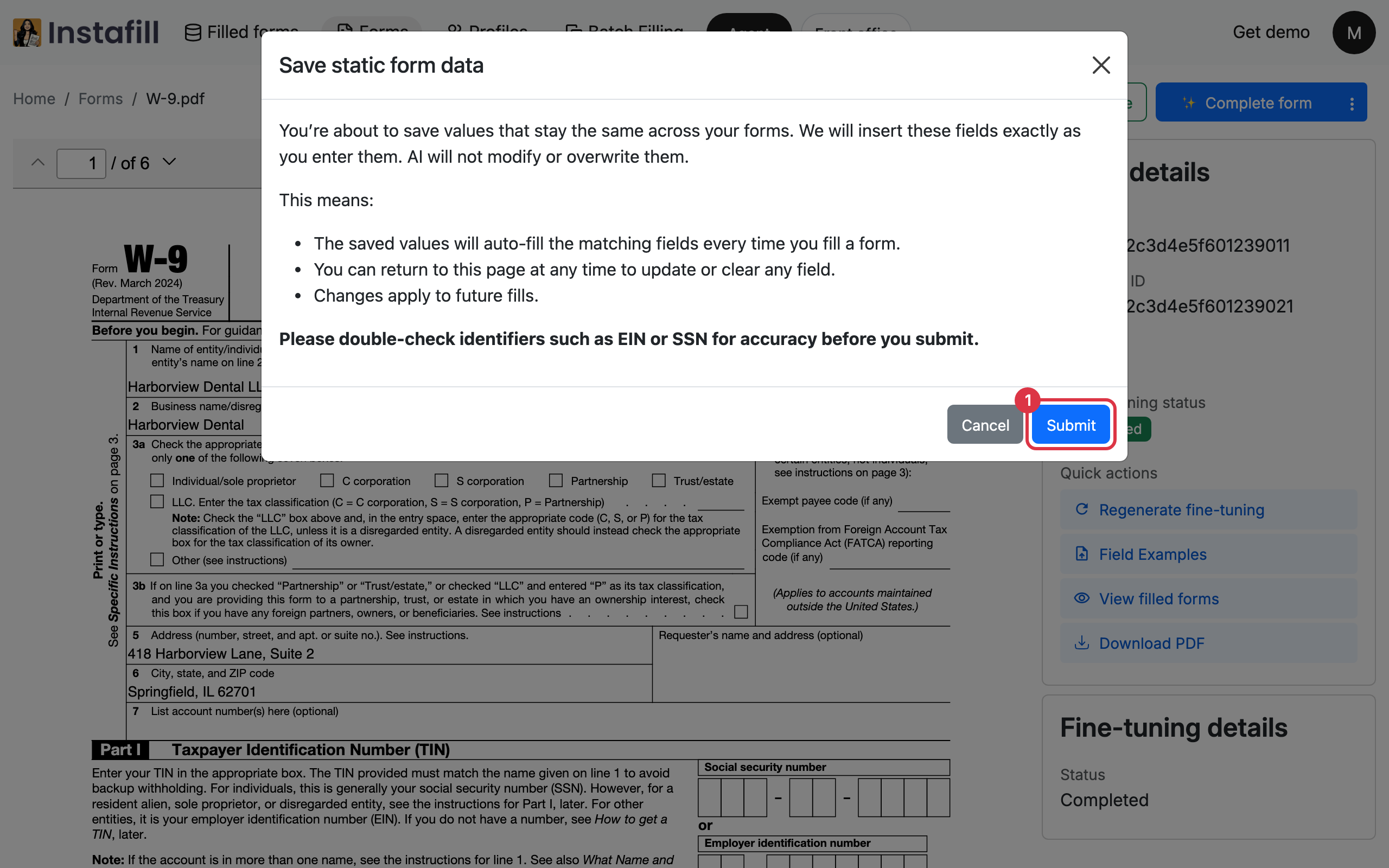 The Save static form data dialog explaining that saved values fill the matching fields on every fill, with Cancel and Submit