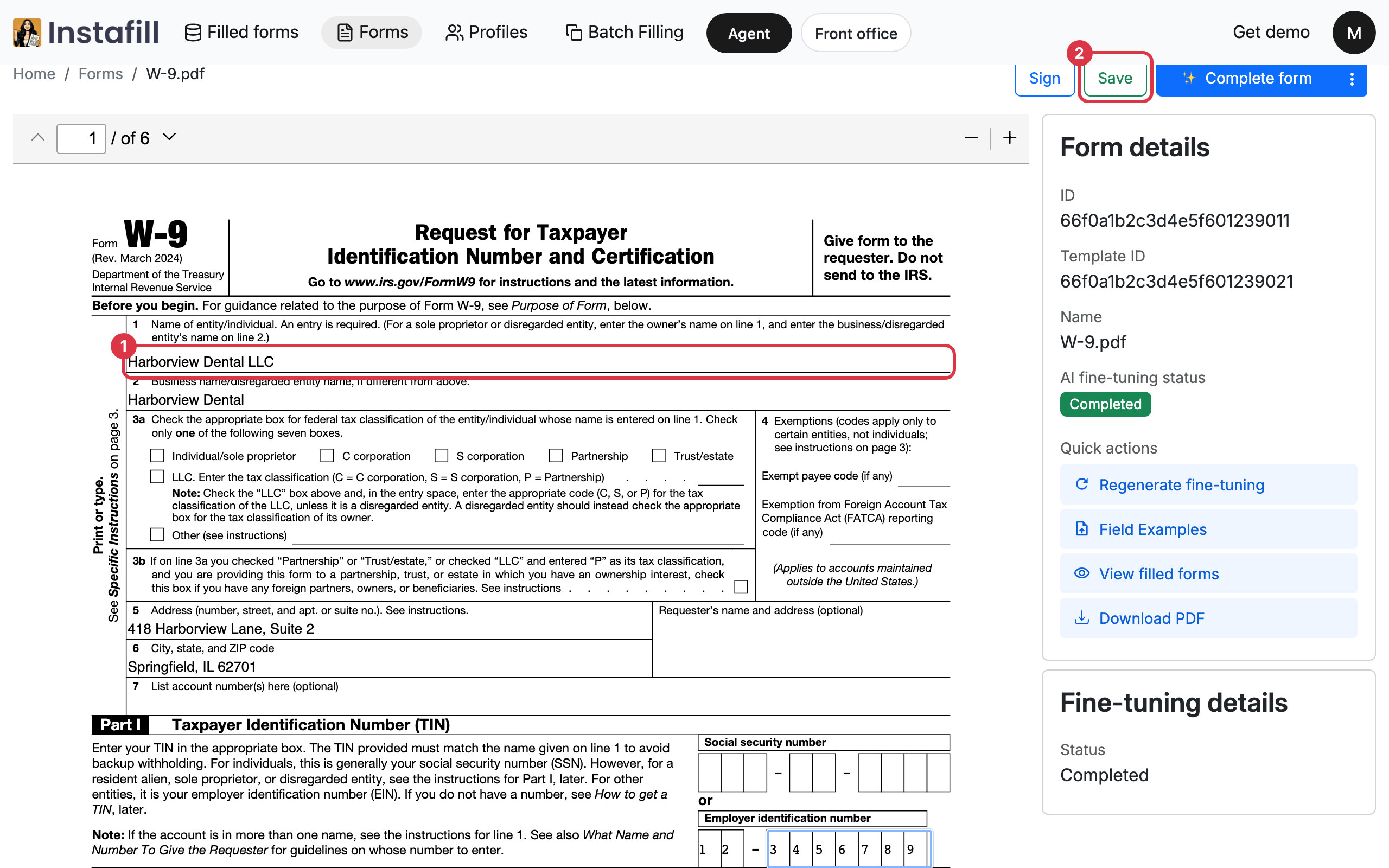 The form page of a W-9 with the practice's name, address and tax number typed in and the Save button available