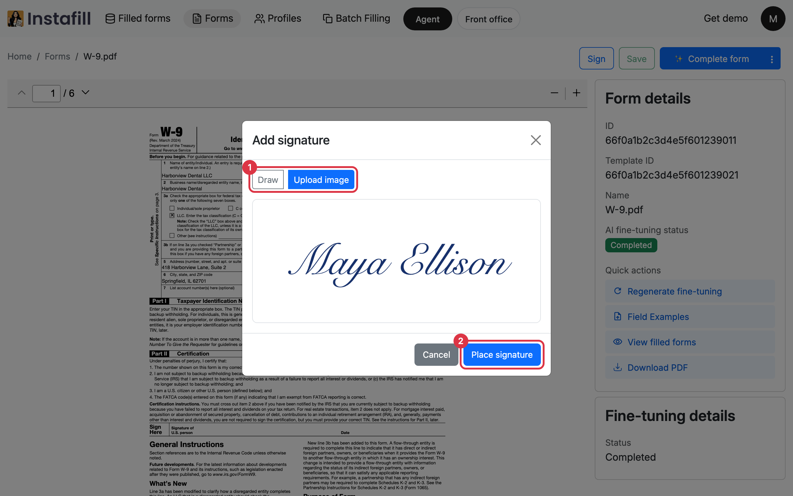 The Add signature dialog with Upload image chosen and a signature picture shown in the box