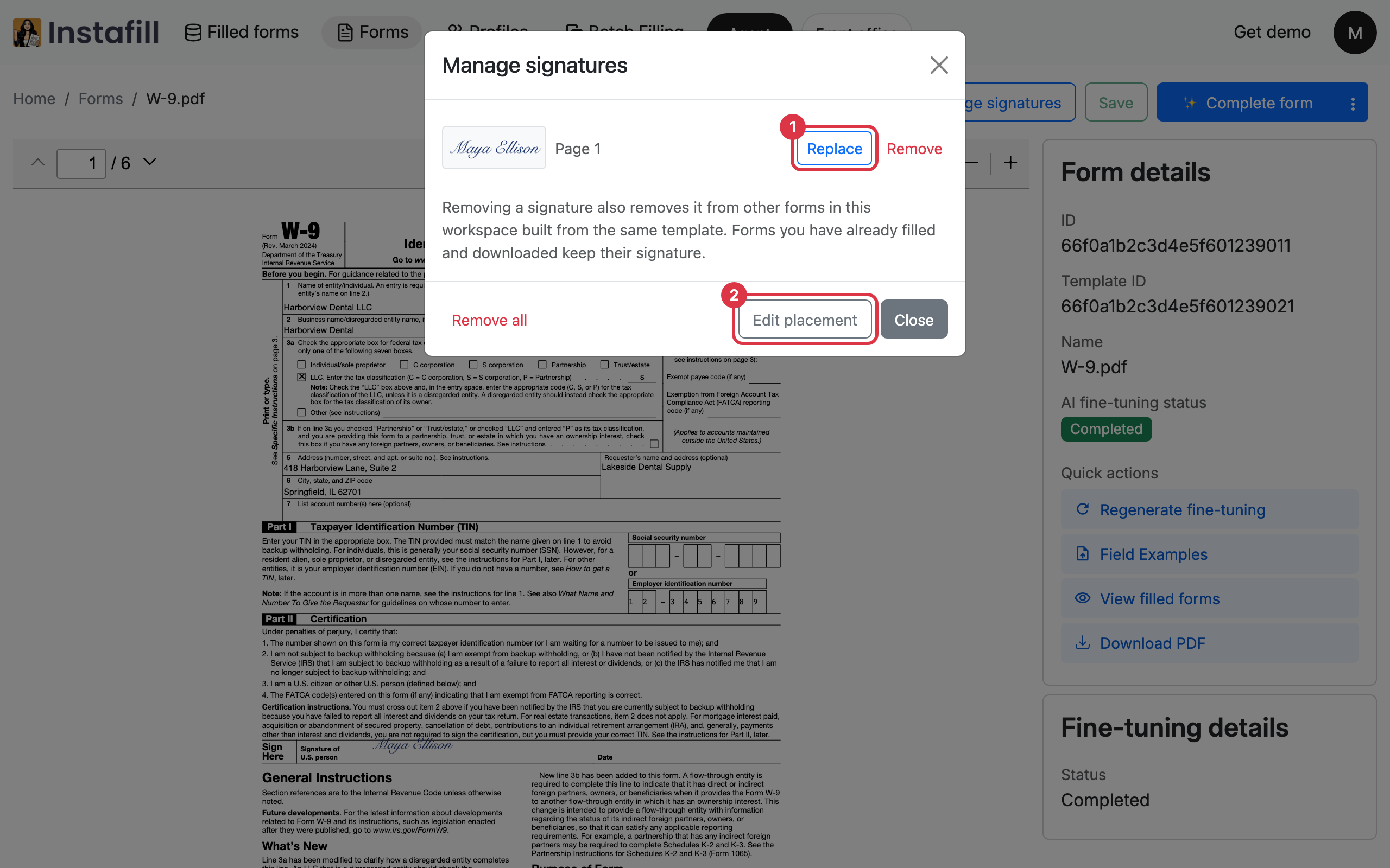 The Manage signatures dialog listing one signature on page 1 with Replace and Remove, above Remove all and Edit placement