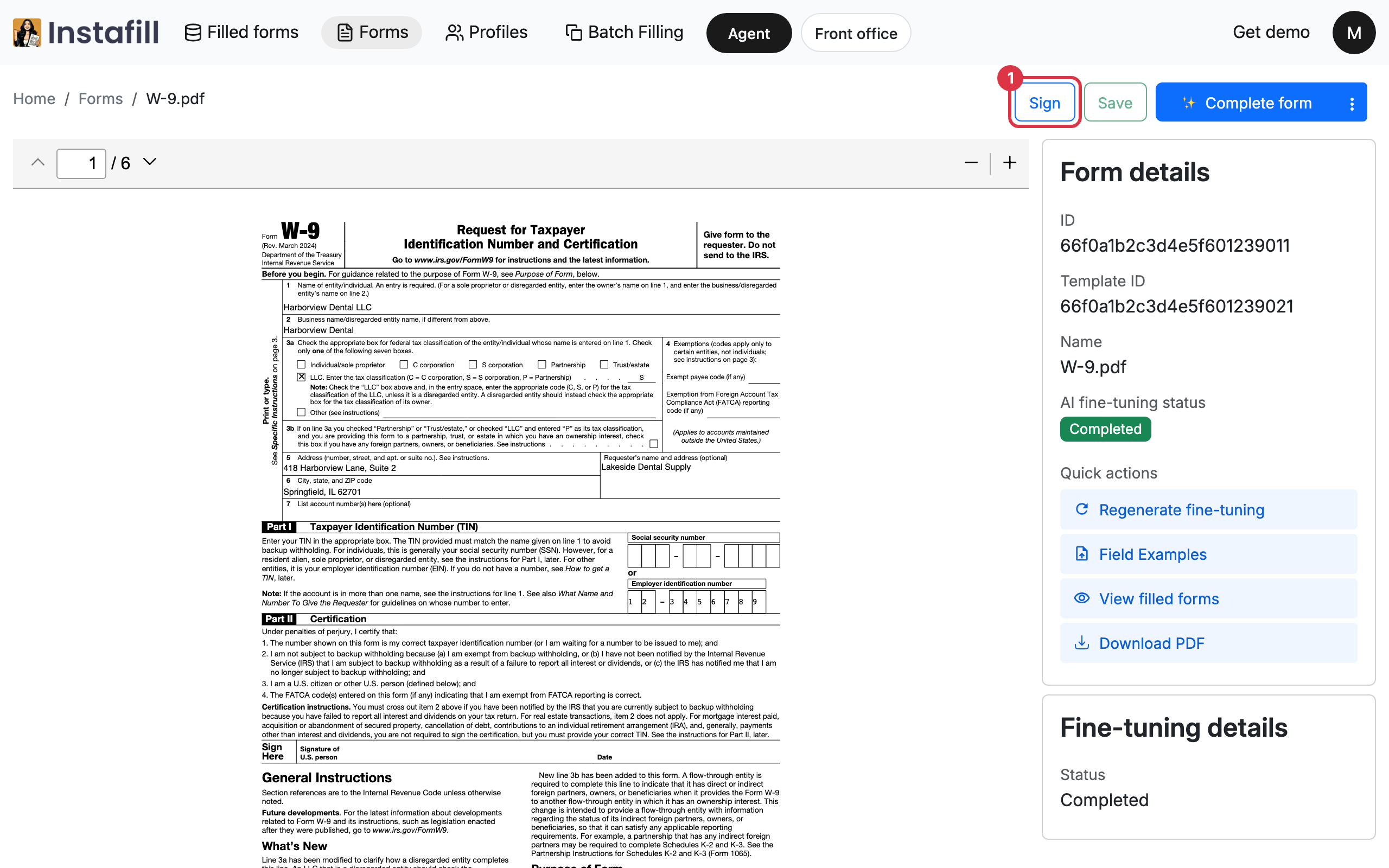 The form page of a W-9 with the Sign button among the actions above the form