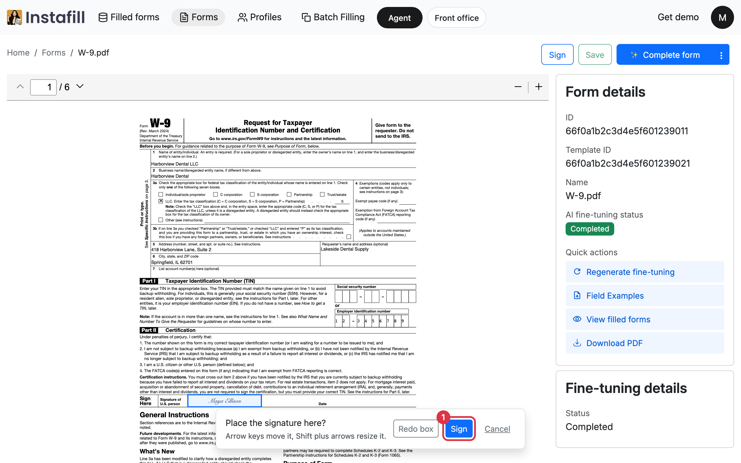 A signature placed on the form with the bar asking Place the signature here, offering Redo box and Sign