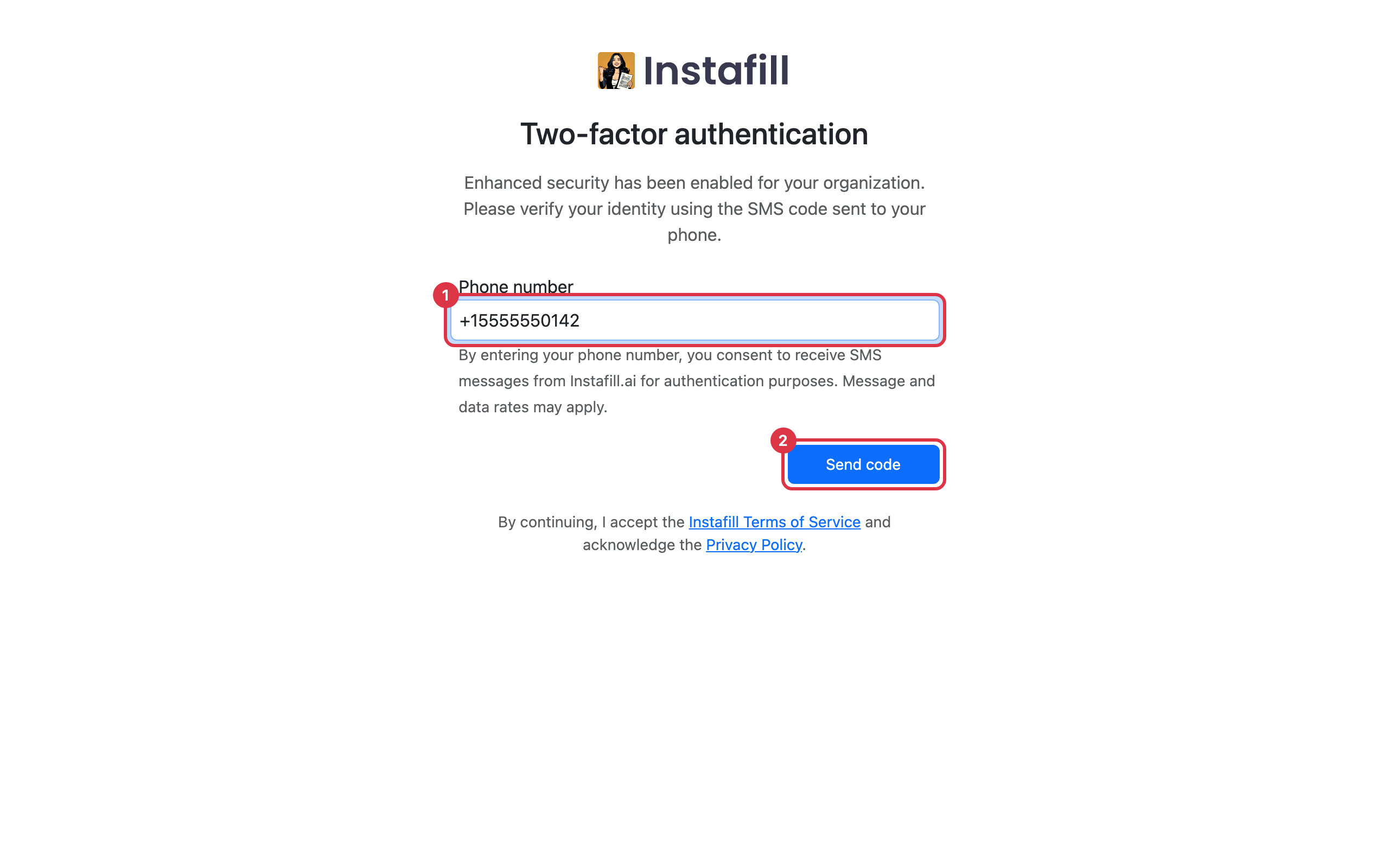 The Two-factor authentication screen with a phone number typed in and the Send code button