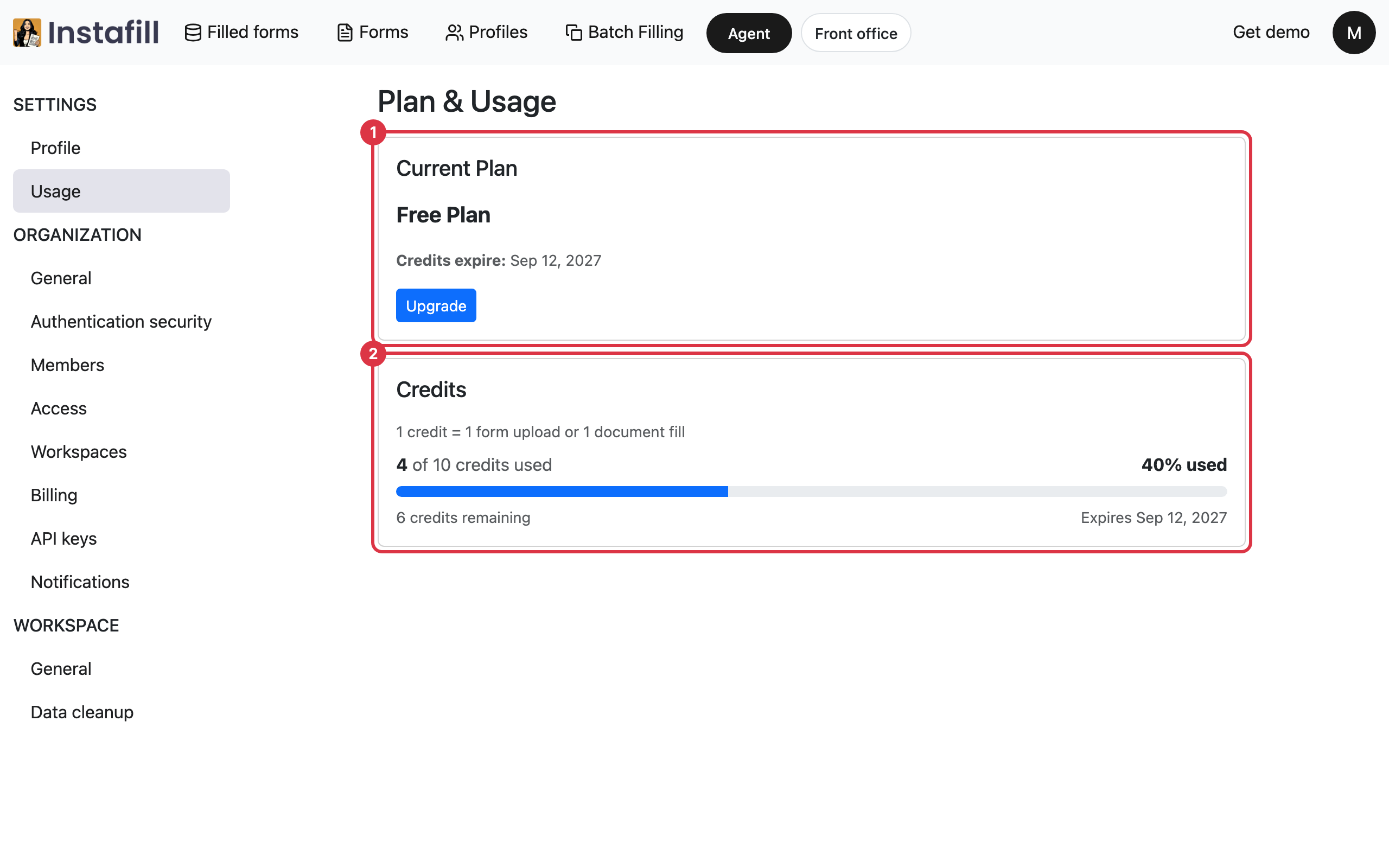 The Plan and Usage page of a free account, with the Free Plan card, its expiry day and a Credits bar showing how many of the credits are used