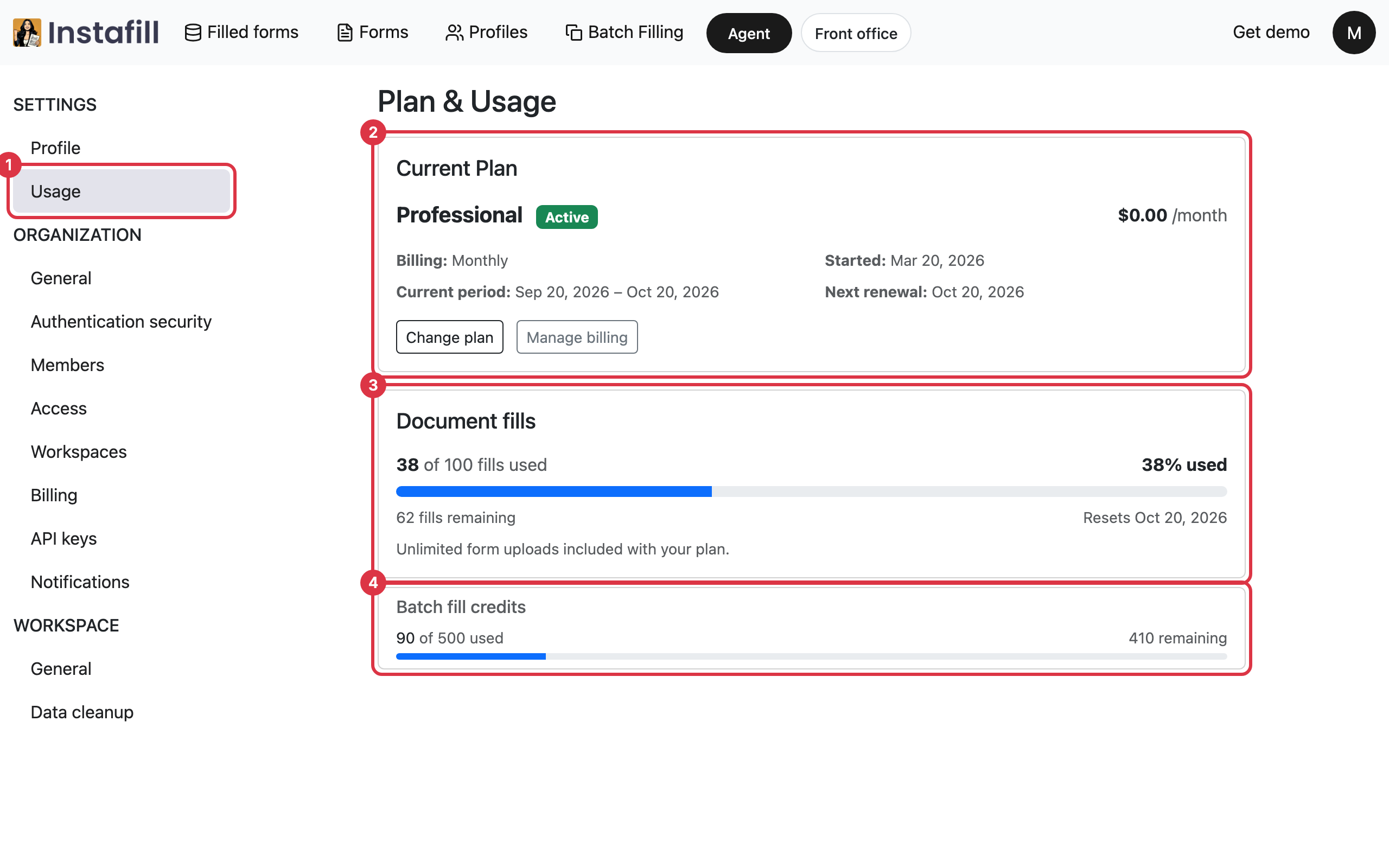 The Plan and Usage page of a paid organization, with the Usage entry in the list on the left and the plan, document fills and batch fill credits to its right
